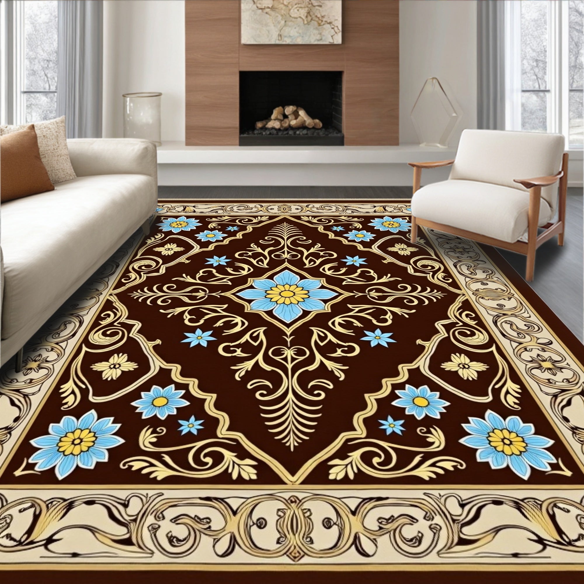 Brown Floral Medallion Gold Border Rug