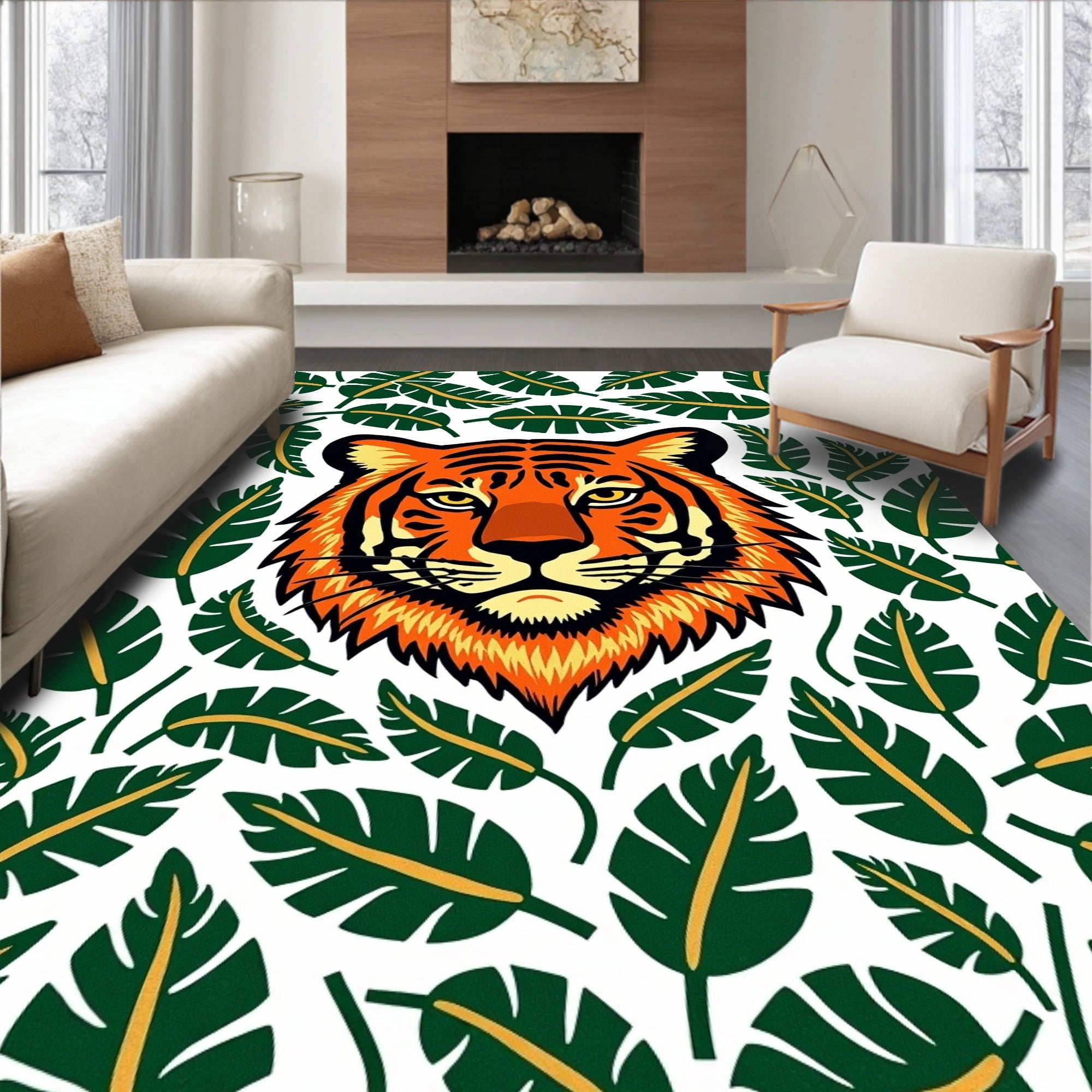 Bold Orange Tiger Jungle Leaf Rug