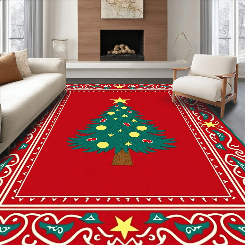 Red Christmas Tree Border Rug