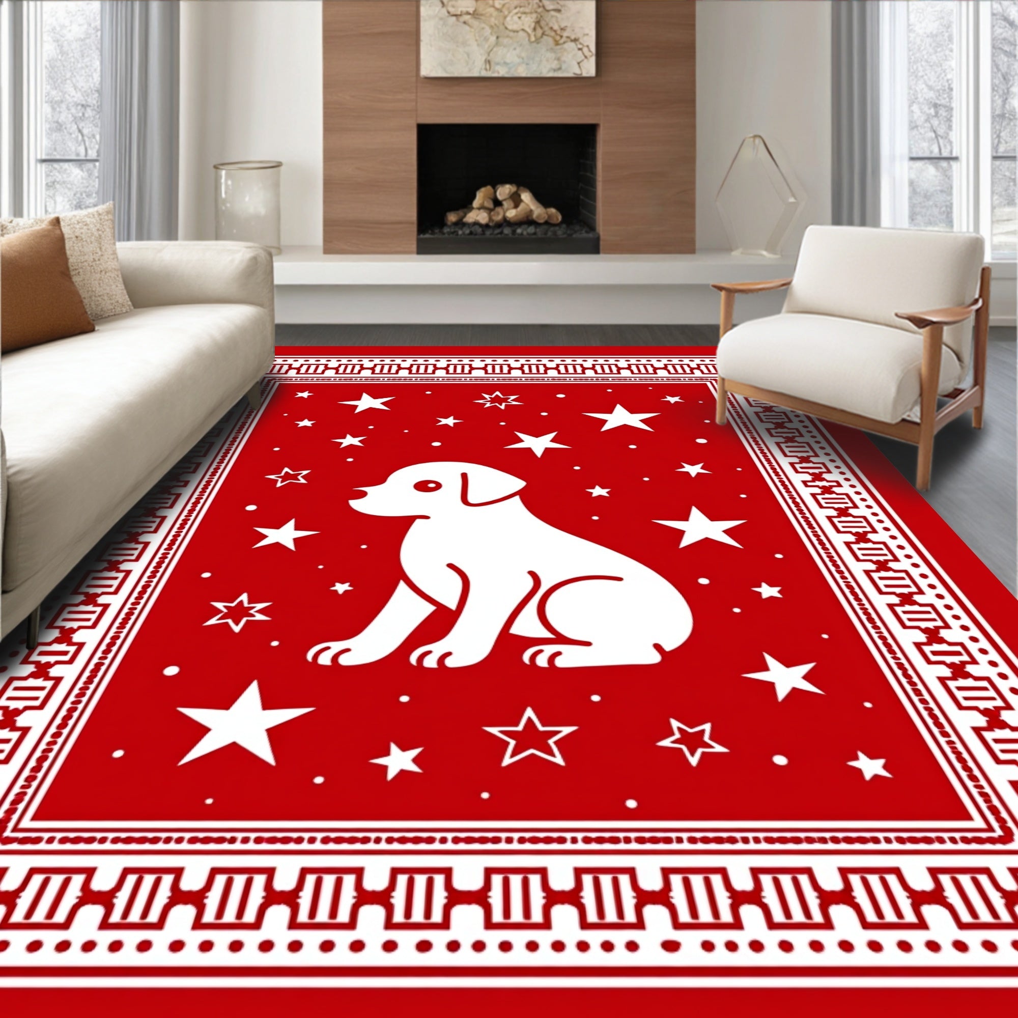 Crimson White Dog Star Border Rug