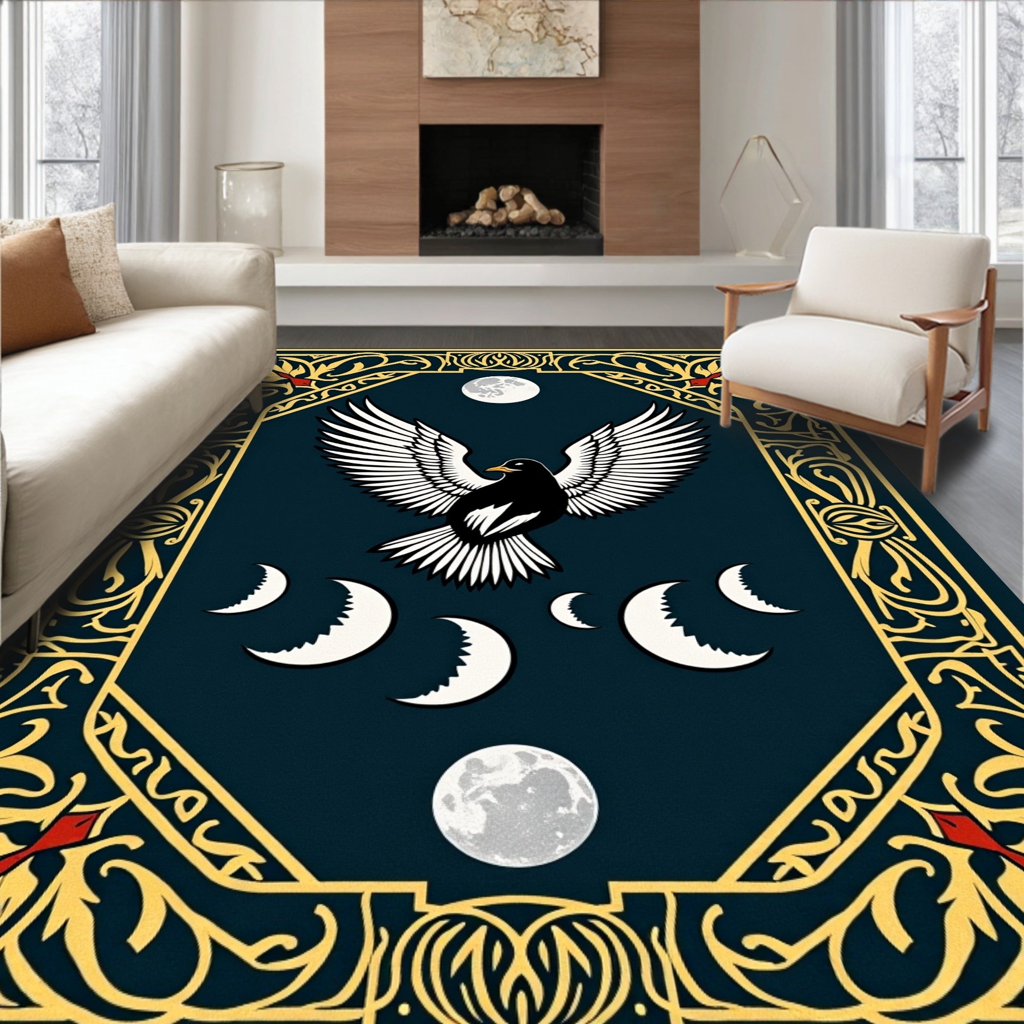 Art Nouveau Bird Moon Phases Border Rug