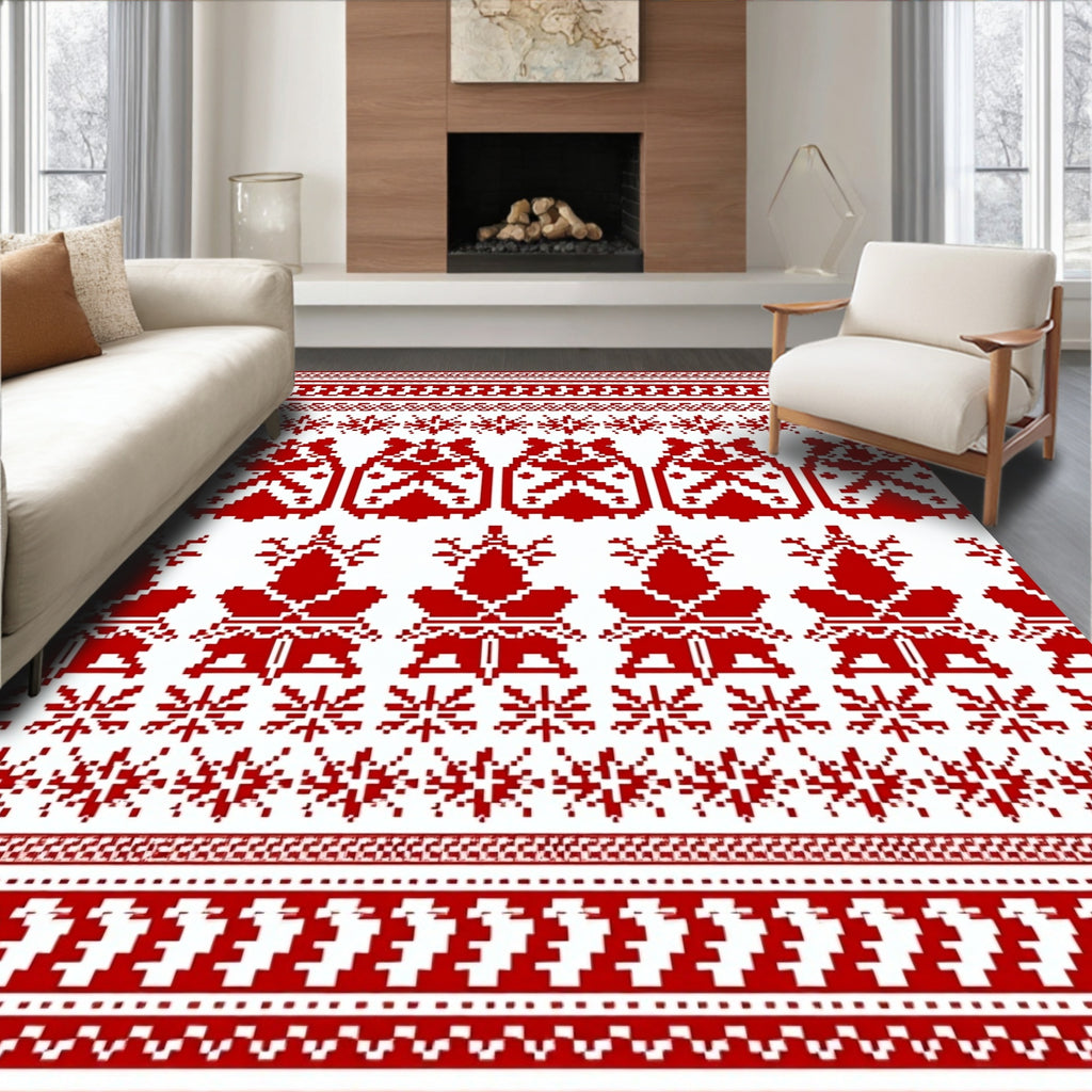 Red Nordic Snowflake Deer Blanket Rug