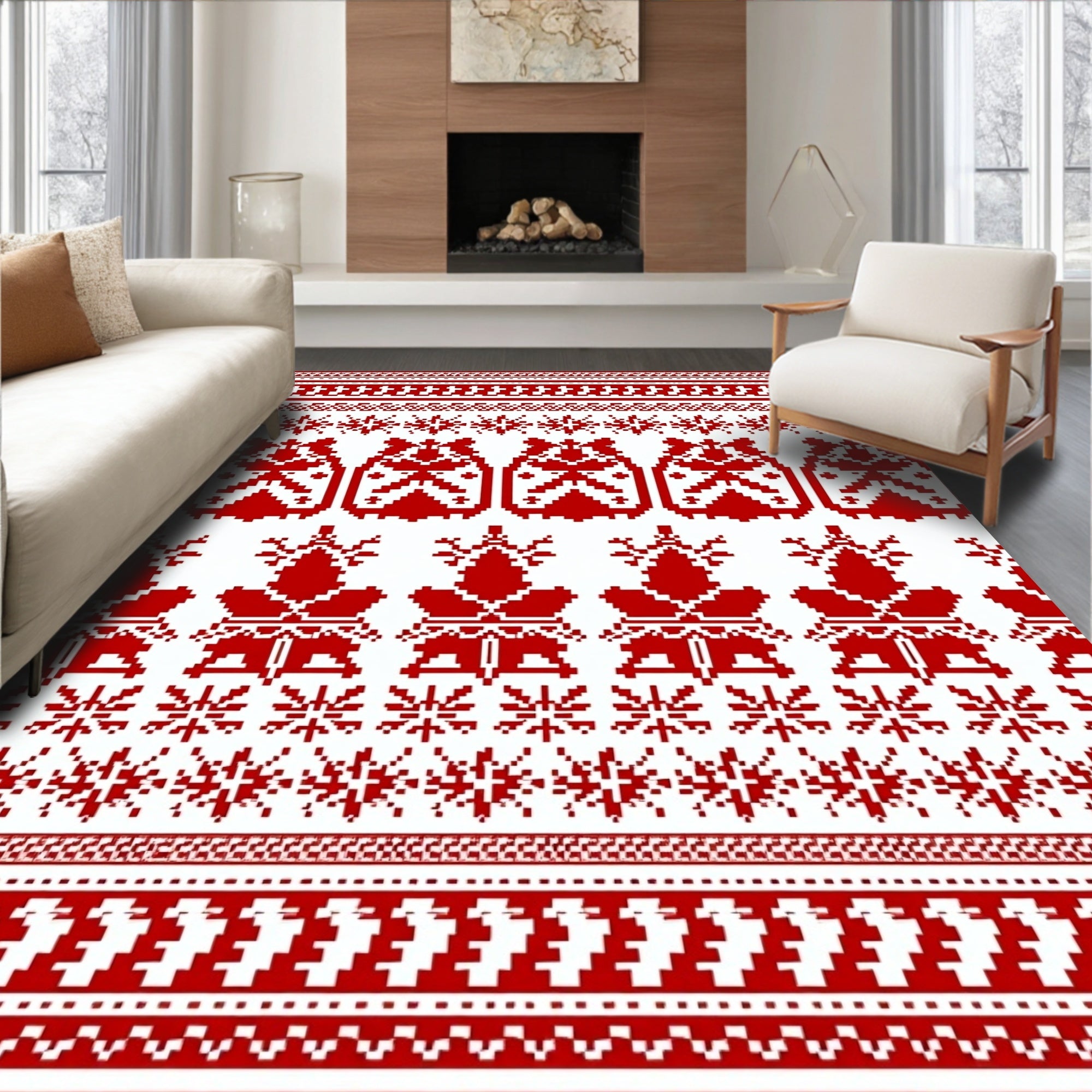 Red Nordic Snowflake Deer Blanket Rug
