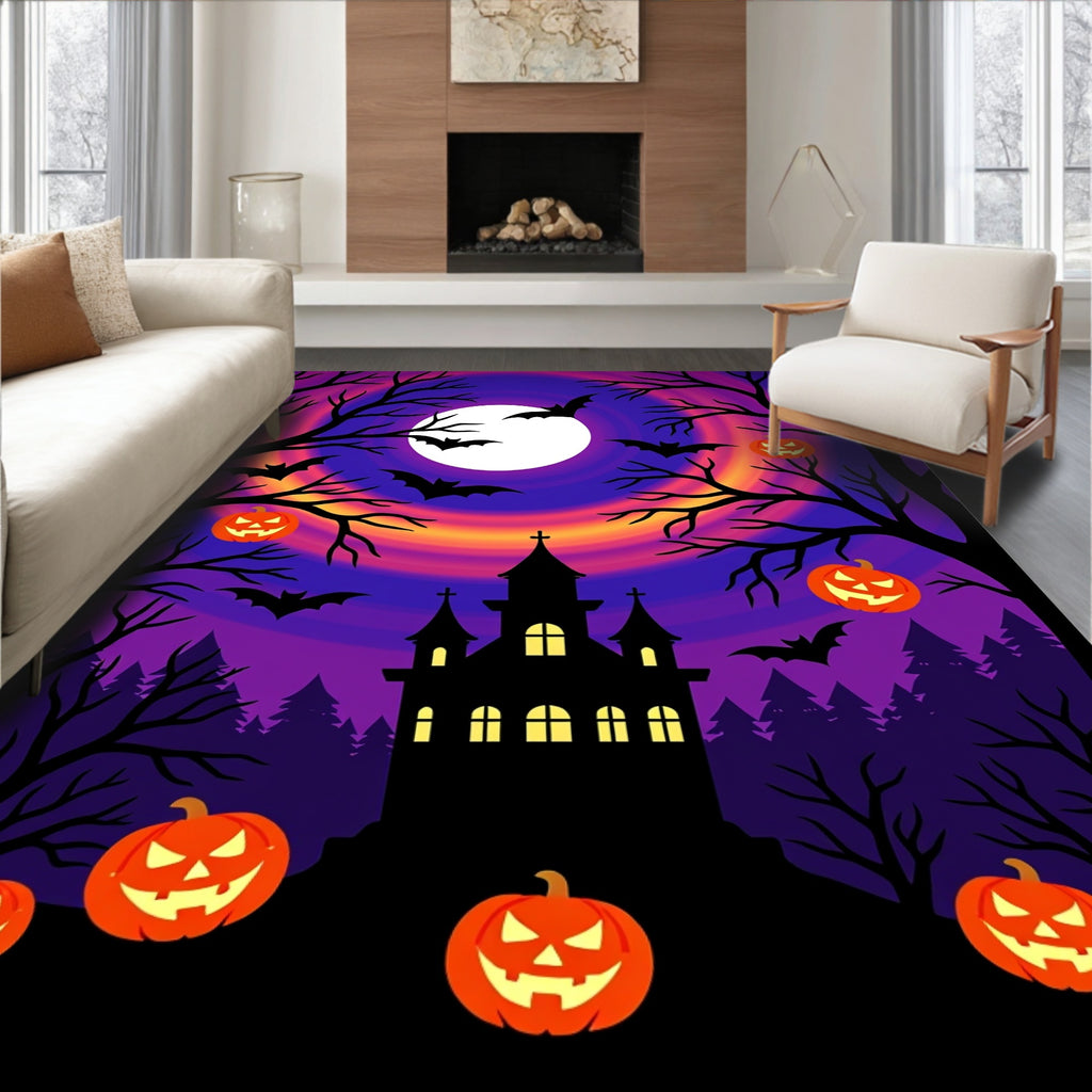 Spooky Mansion Purple Orange Sky Bats Pumpkins Rug