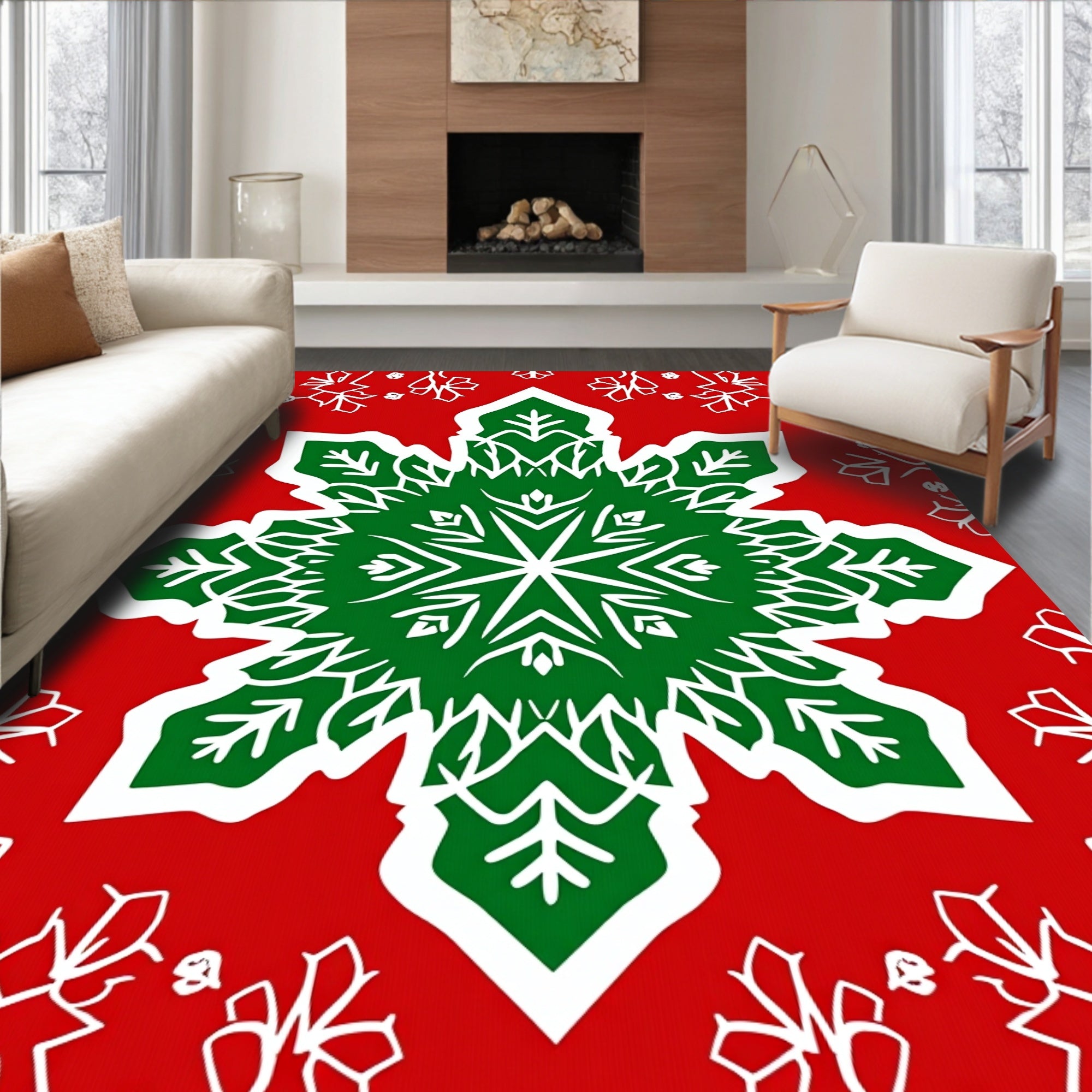 Festive Red Green Snowflake Mandala Rug