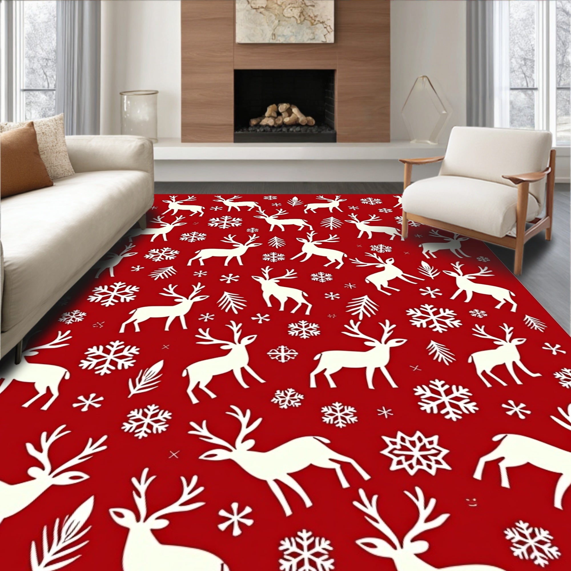 White Reindeer Snowflakes Festive Red Rug