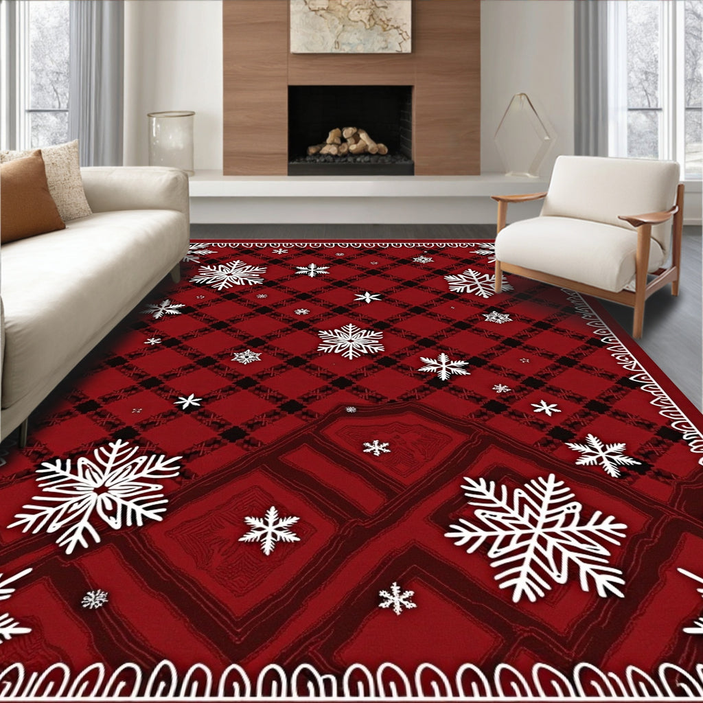 Crimson Plaid Snowflakes Bordered Rug