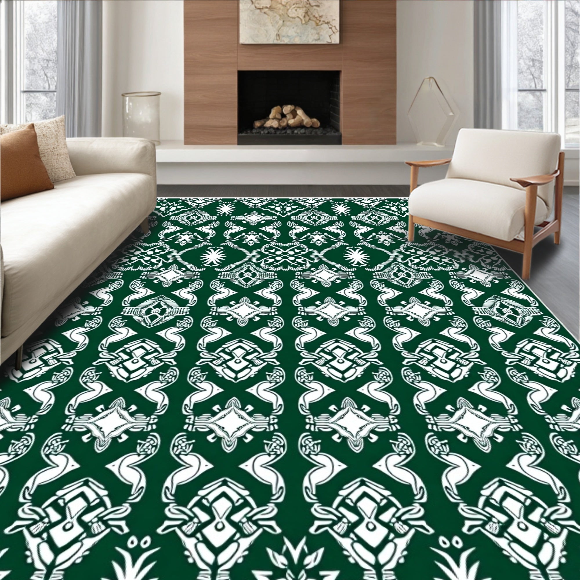 Dark Green White Symmetric Celtic Knot Rug