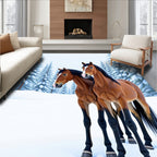 Two Brown Horses Winter Forest Scene Rug