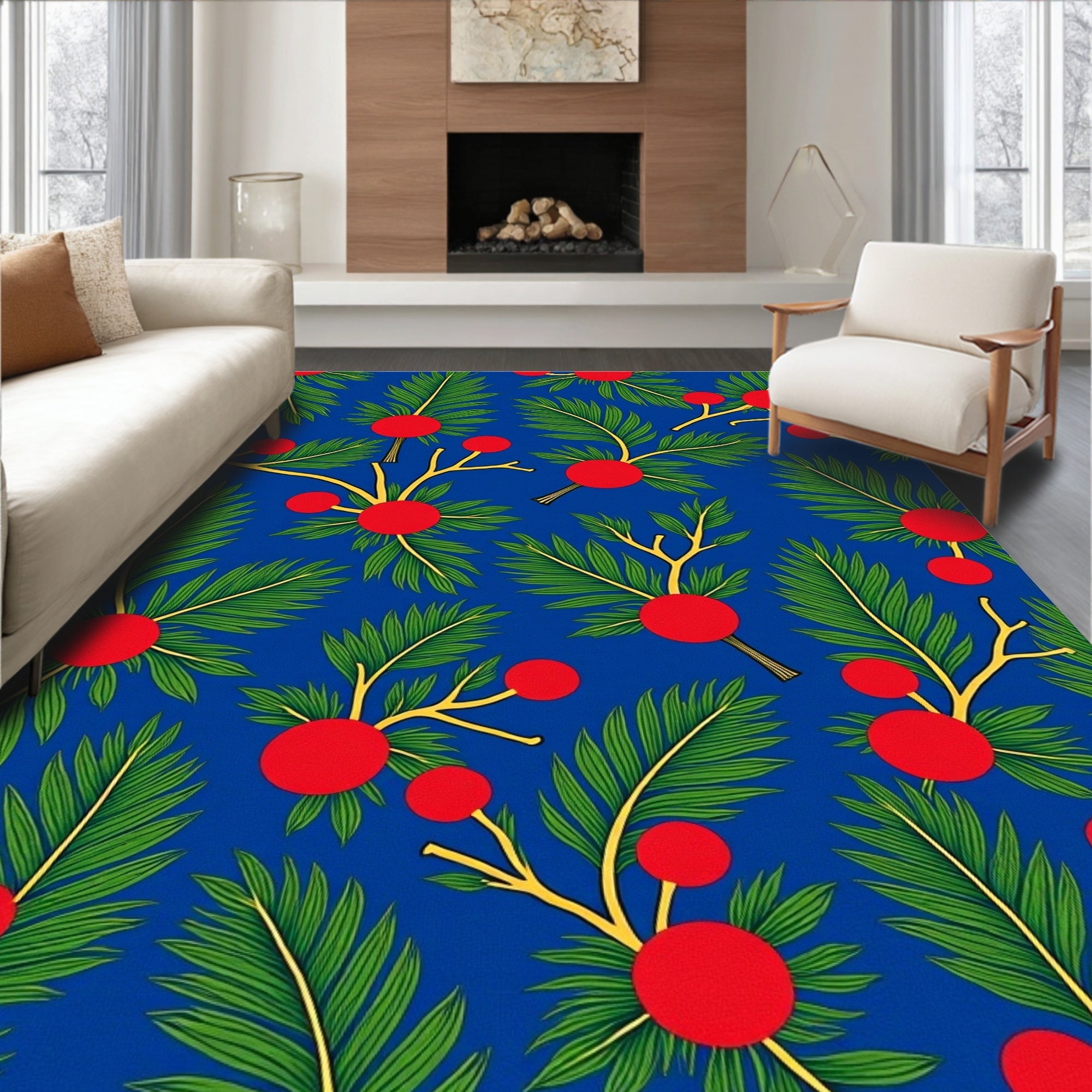 Blue Red Berry Foliage Repeat Rug