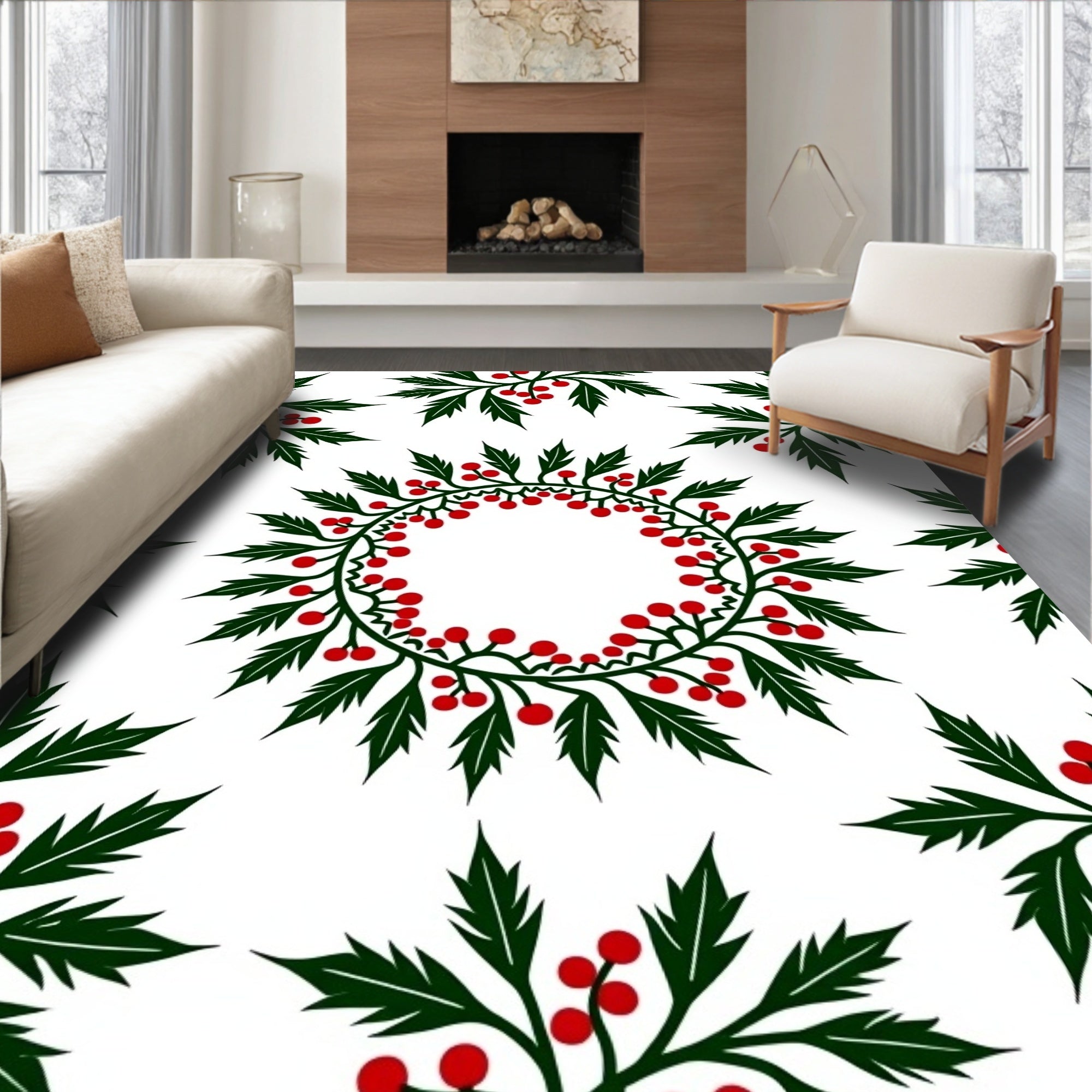 Green Holly Berry Garland Wreath Rug