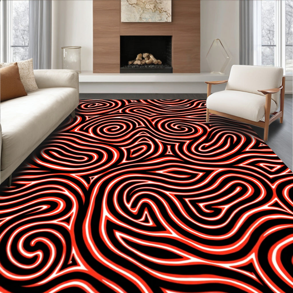 Bold Red Black Maze Lines Rug