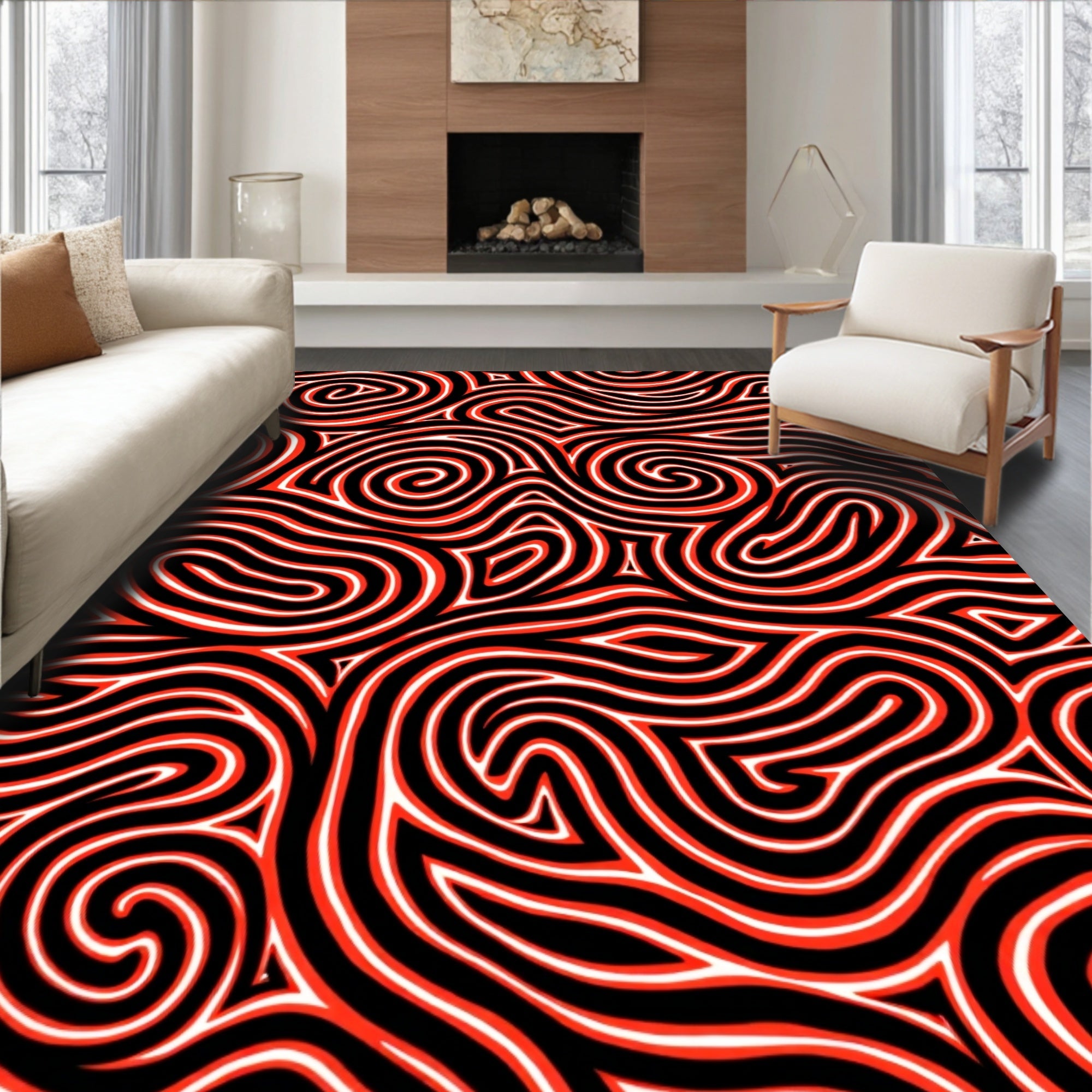 Bold Red Black Maze Lines Rug
