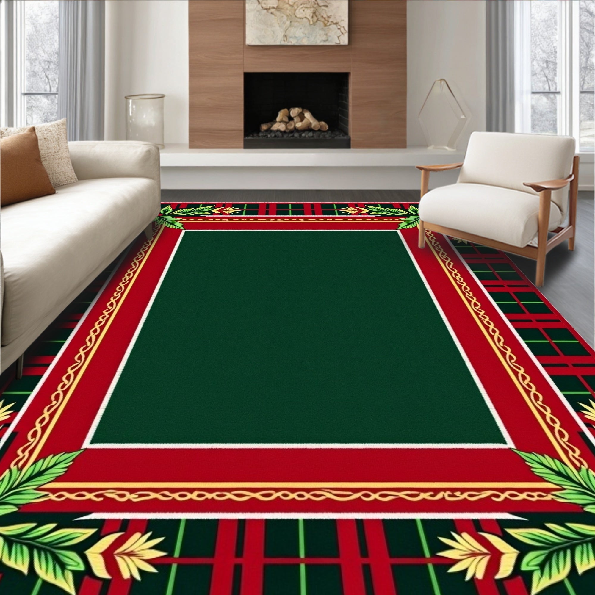 Rustic Red Green Plaid Holly Border Rug