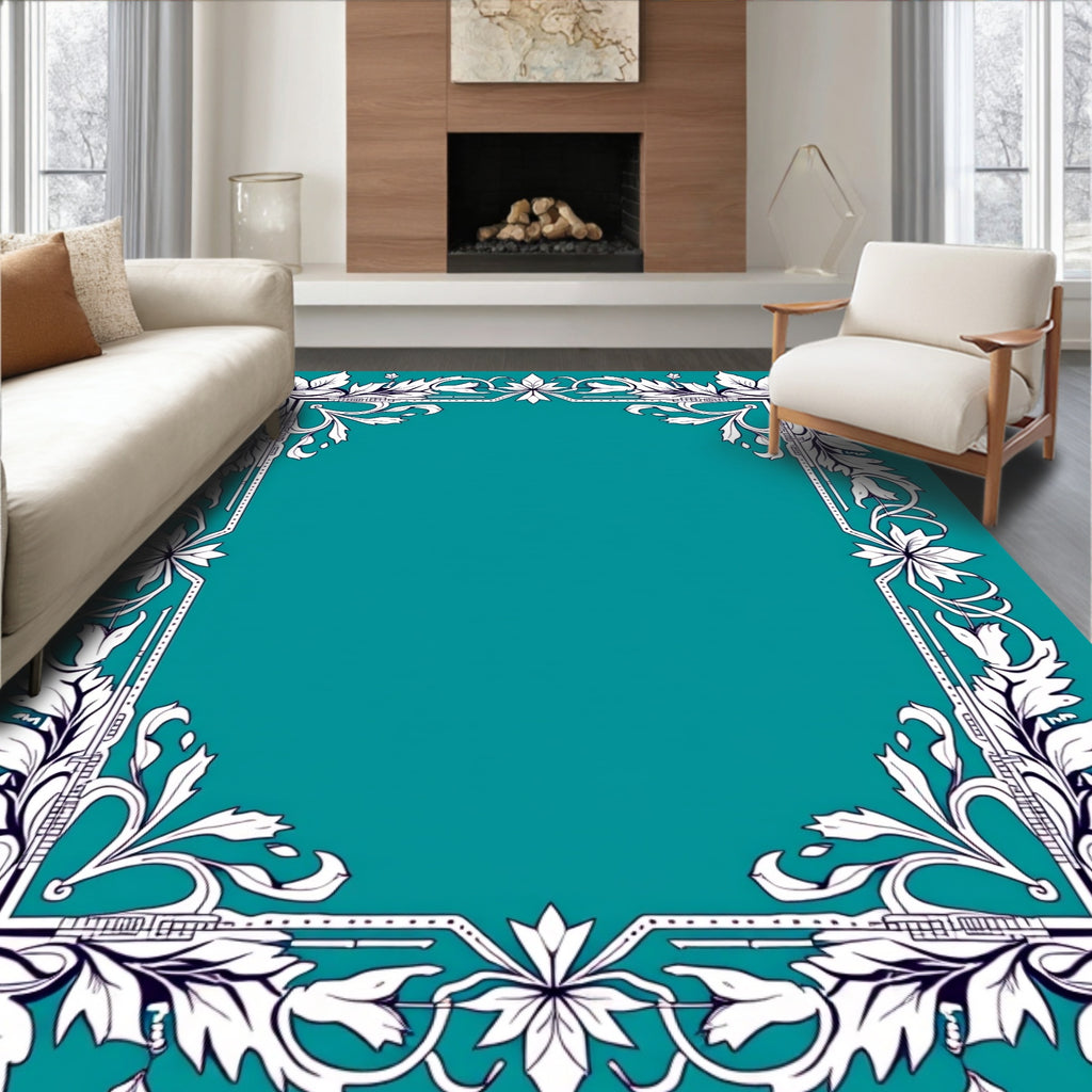 Elegant White Floral Border Teal Rug