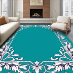 Elegant White Floral Border Teal Rug