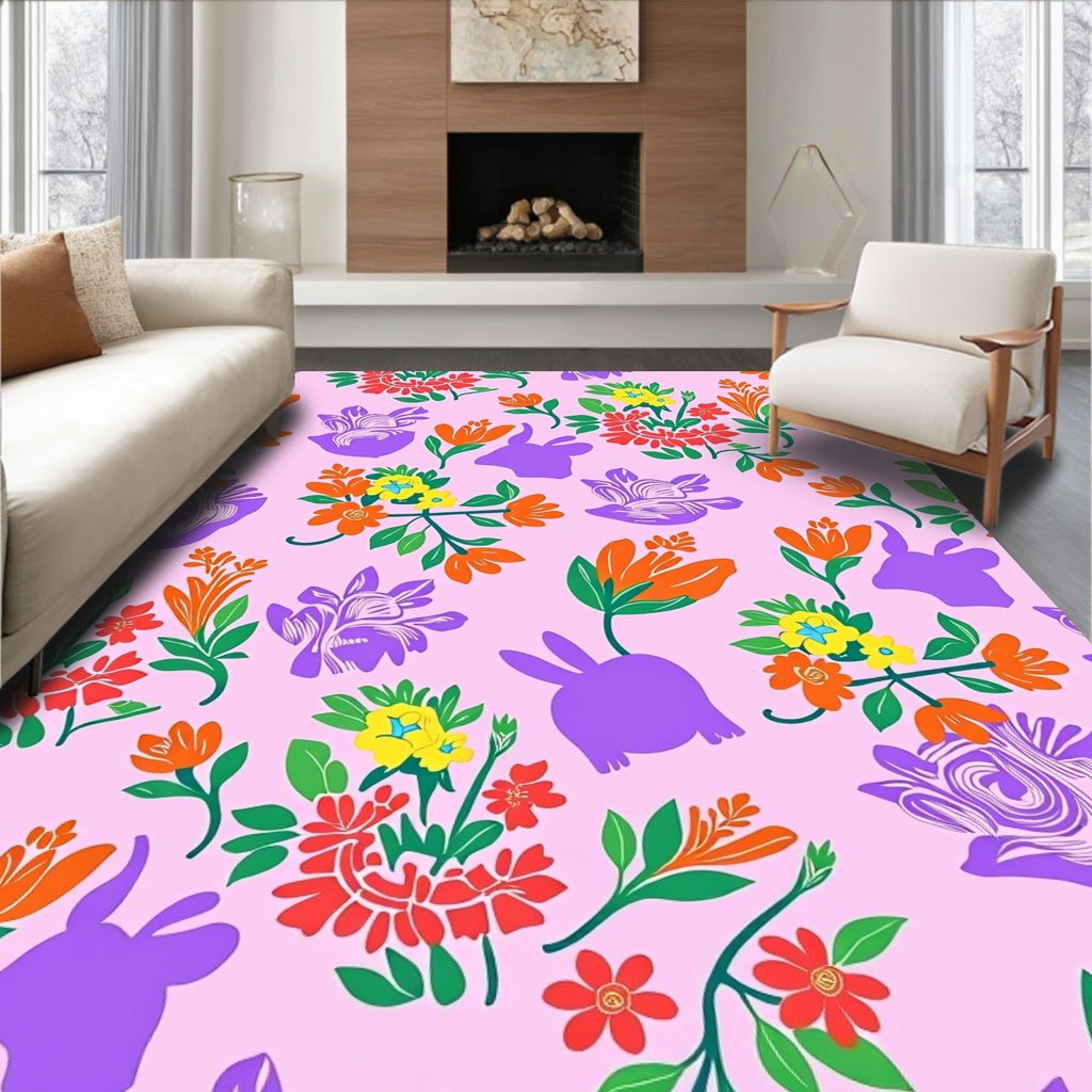 Vibrant Pink Floral Rabbit Meadow Rug