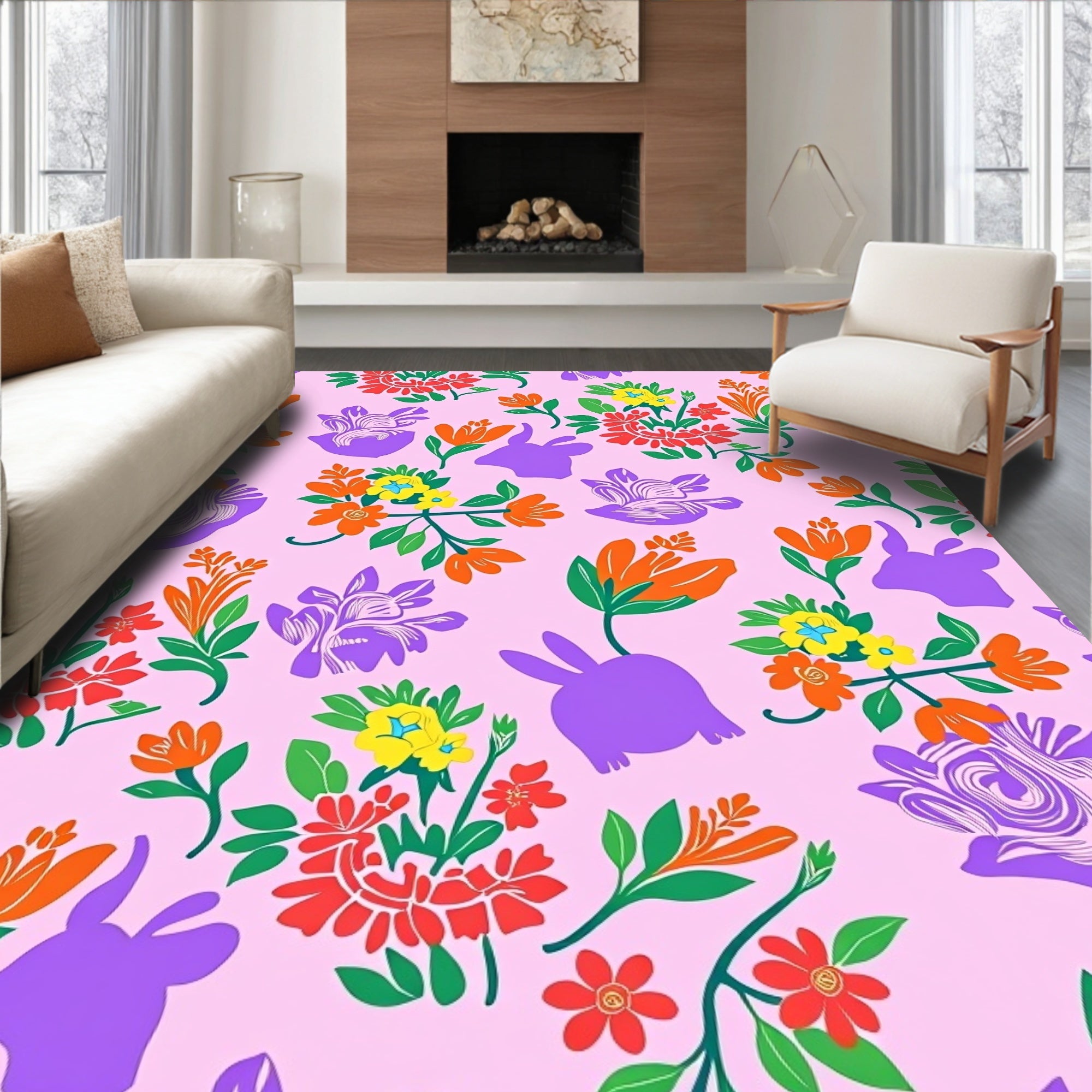 Vibrant Pink Floral Rabbit Meadow Rug