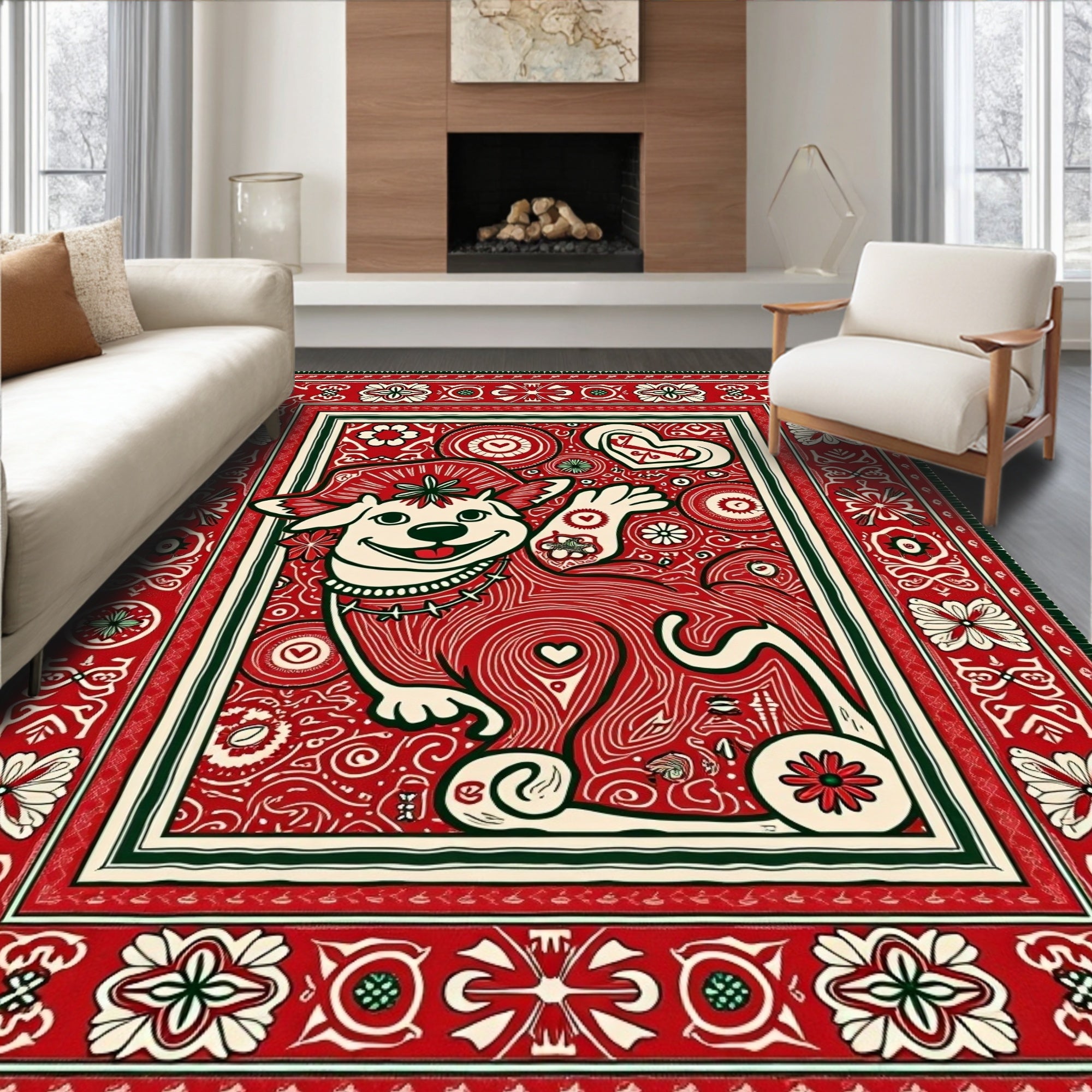 Whimsical Red Dog Heart Border Rug