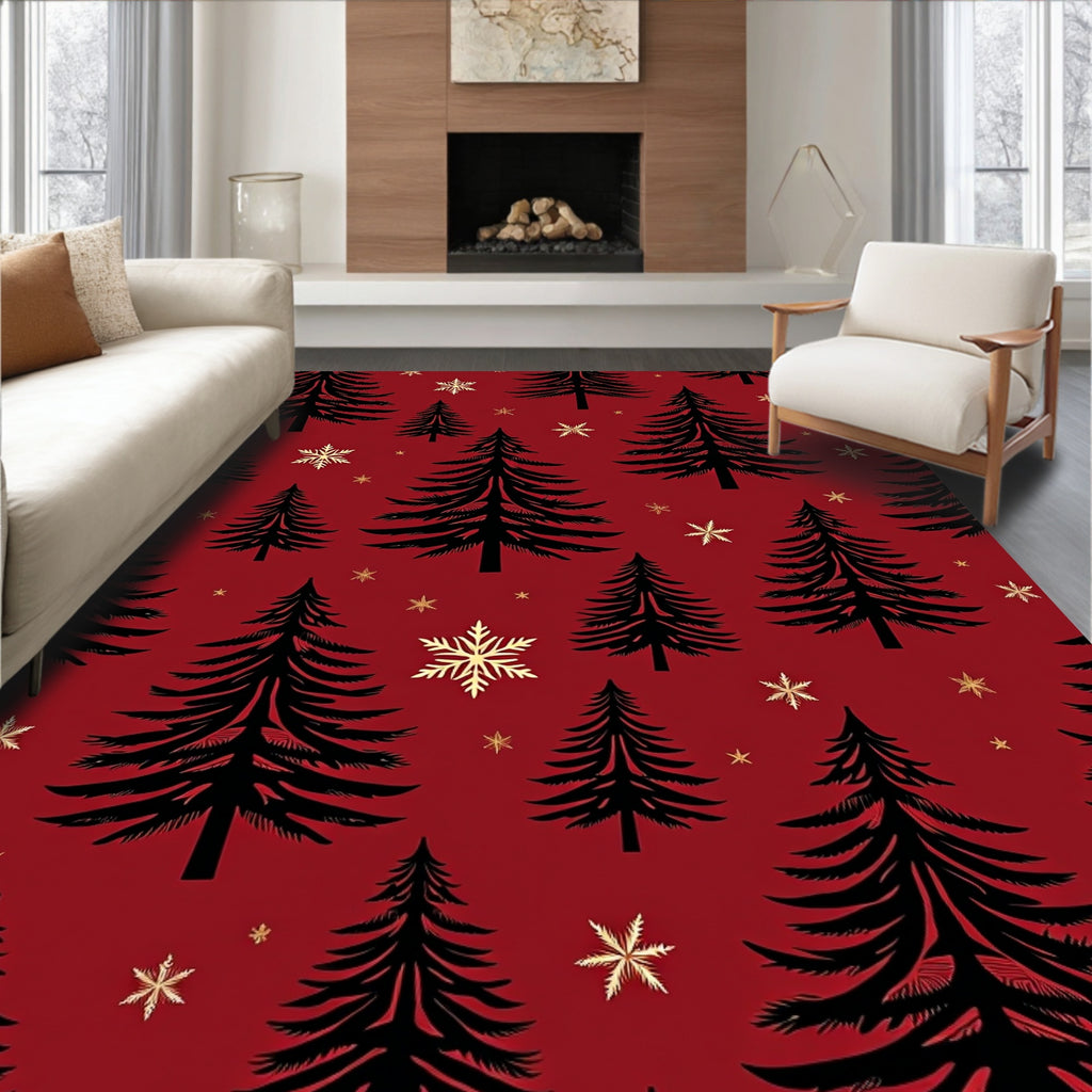 Black Pine Trees Gold Snowflakes Rug
