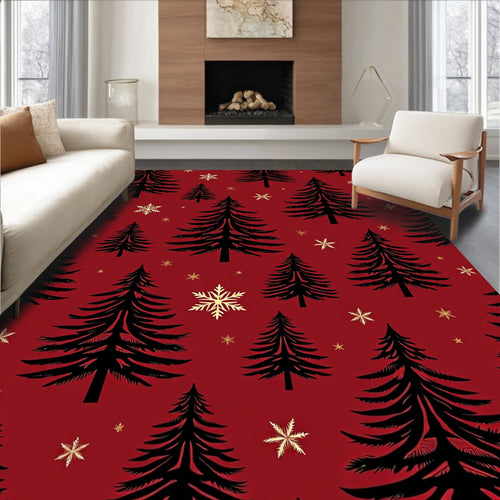 Black Pine Trees Gold Snowflakes Rug