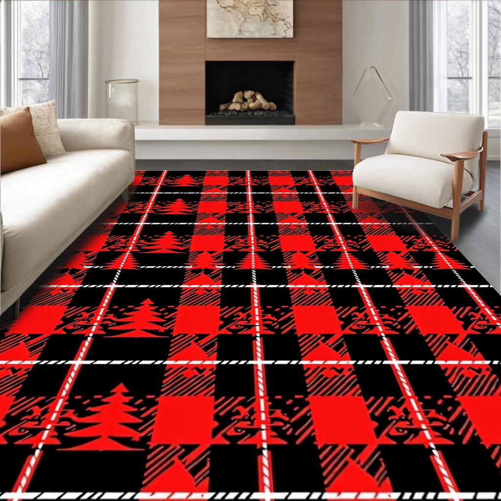 Red Black Buffalo Plaid Tree Texture Rug