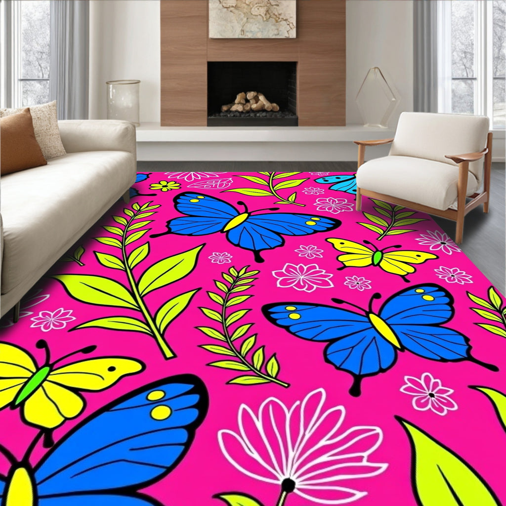 Vibrant Butterflies and Foliage on Pink Rug