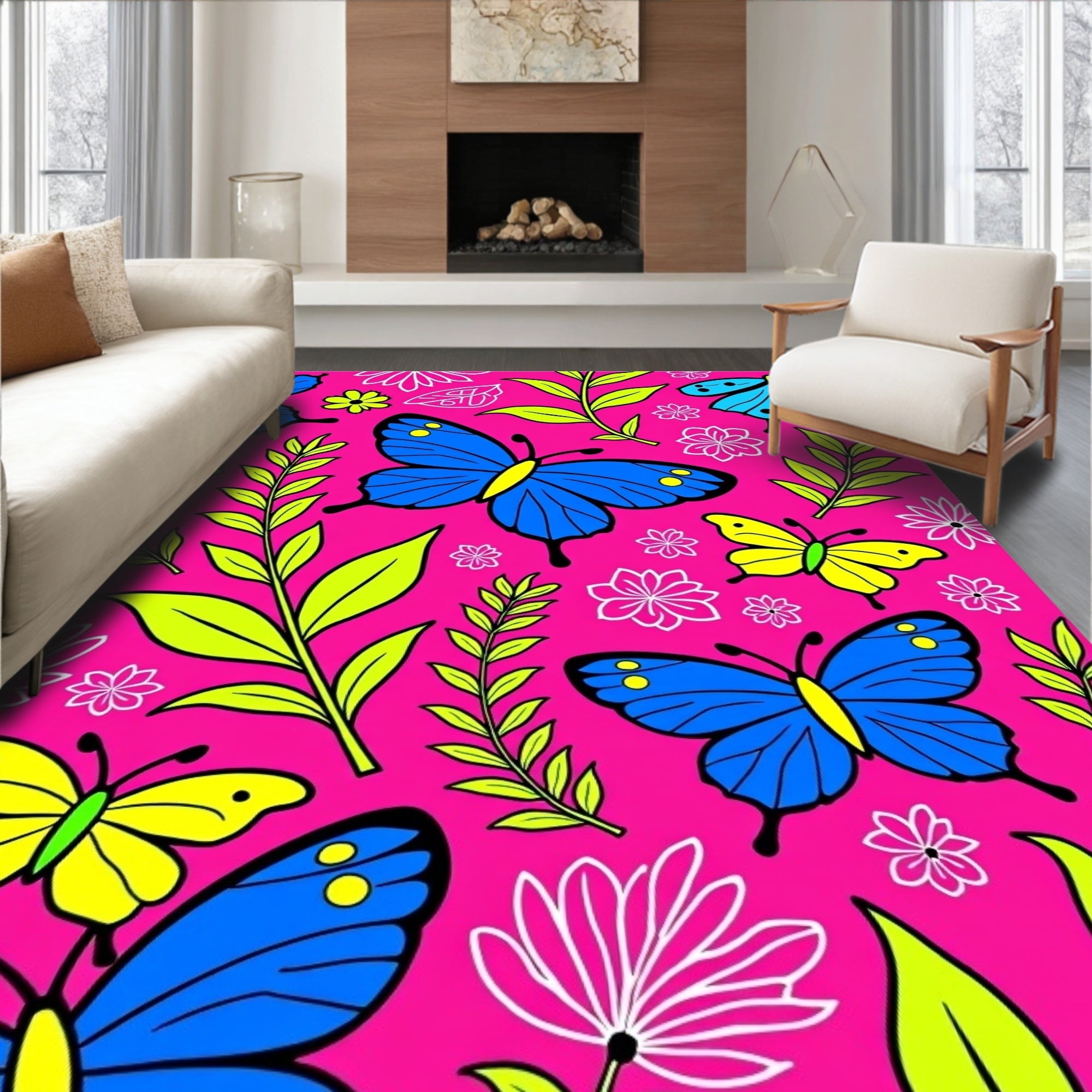 Vibrant Butterflies and Foliage on Pink Rug