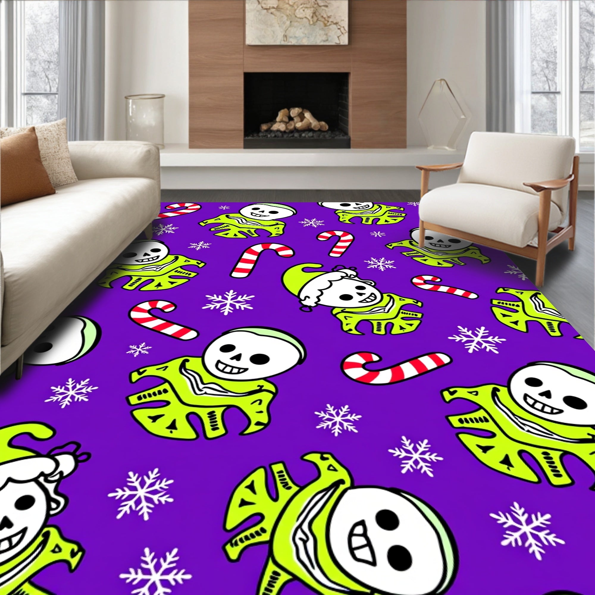 Spooky Skeleton Candy Cane Snowflakes Rug