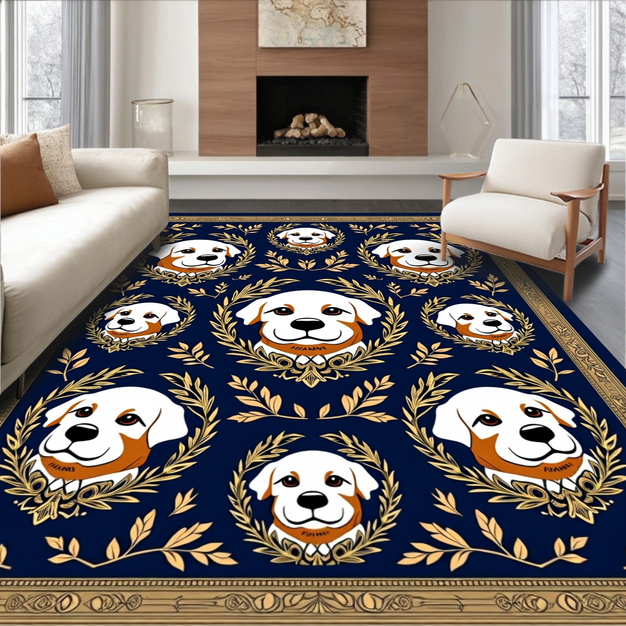 Golden Laurel Dog Portrait Navy Rug