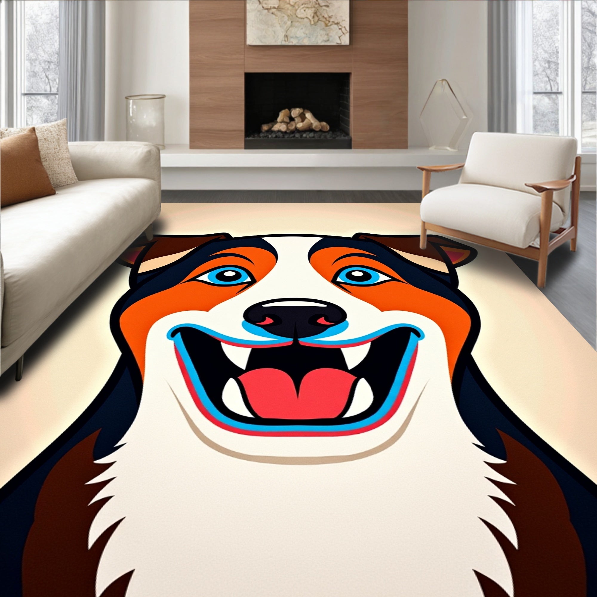 Happy Orange Blue White Dog Portrait Rug