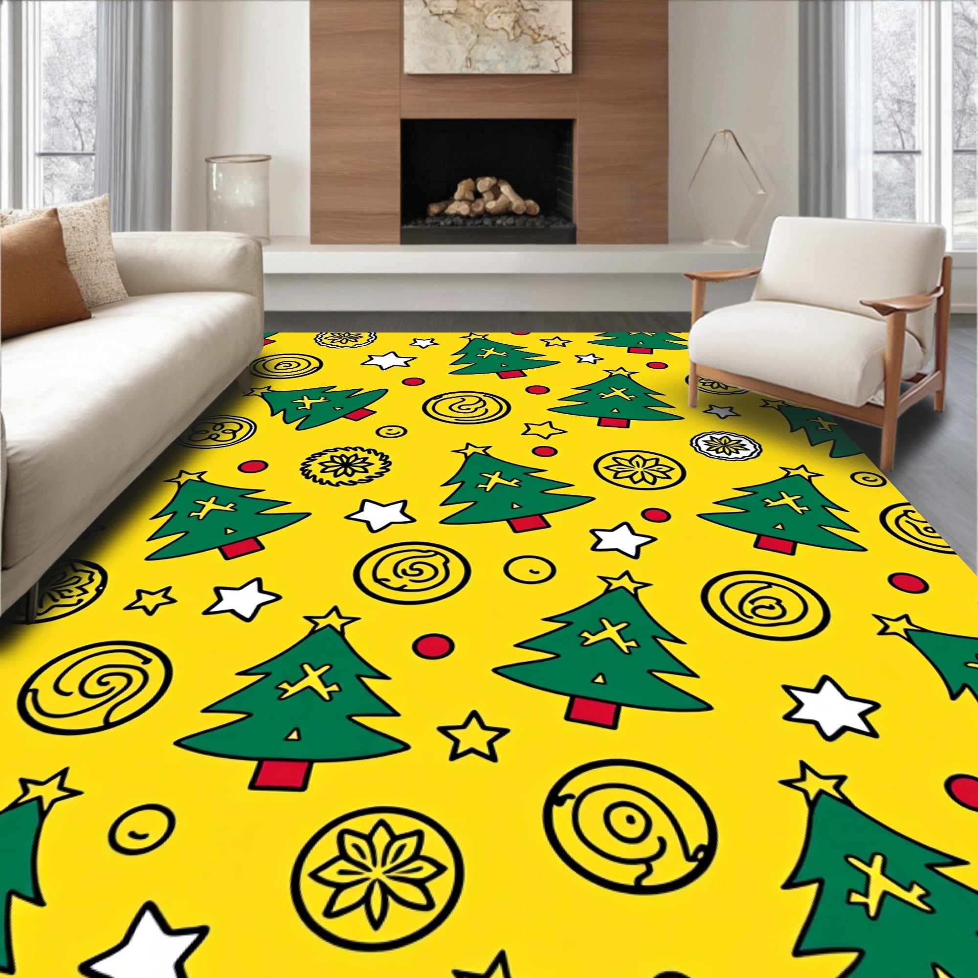 Yellow Christmas Trees Stars Circles Rug
