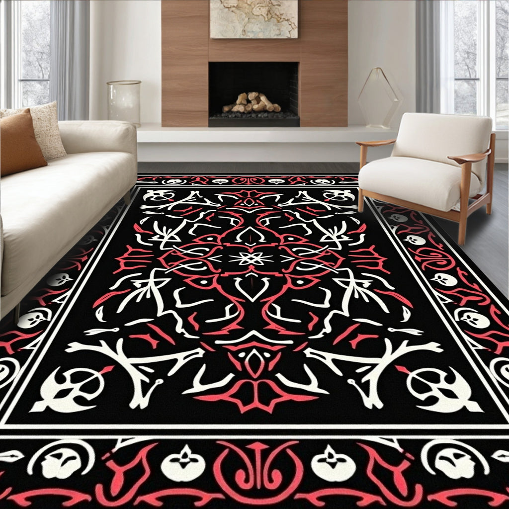 Black Crimson White Ornate Medallion Rug