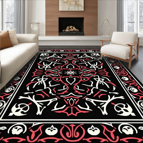 Black Crimson White Ornate Medallion Rug