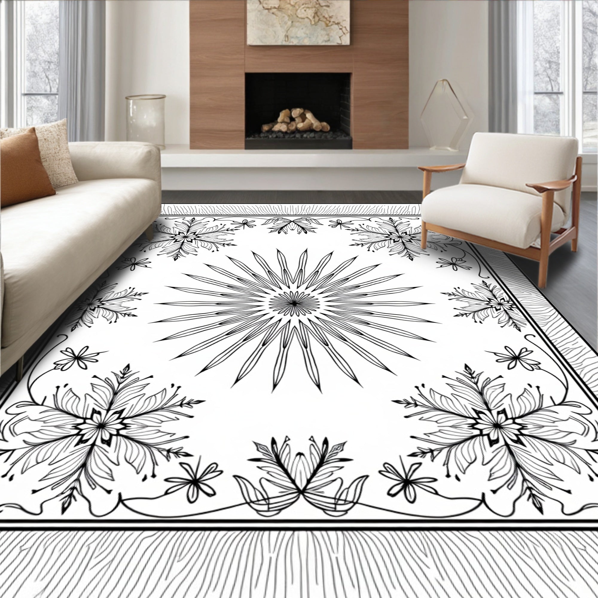 Black White Starburst Snowflake Medallion Rug