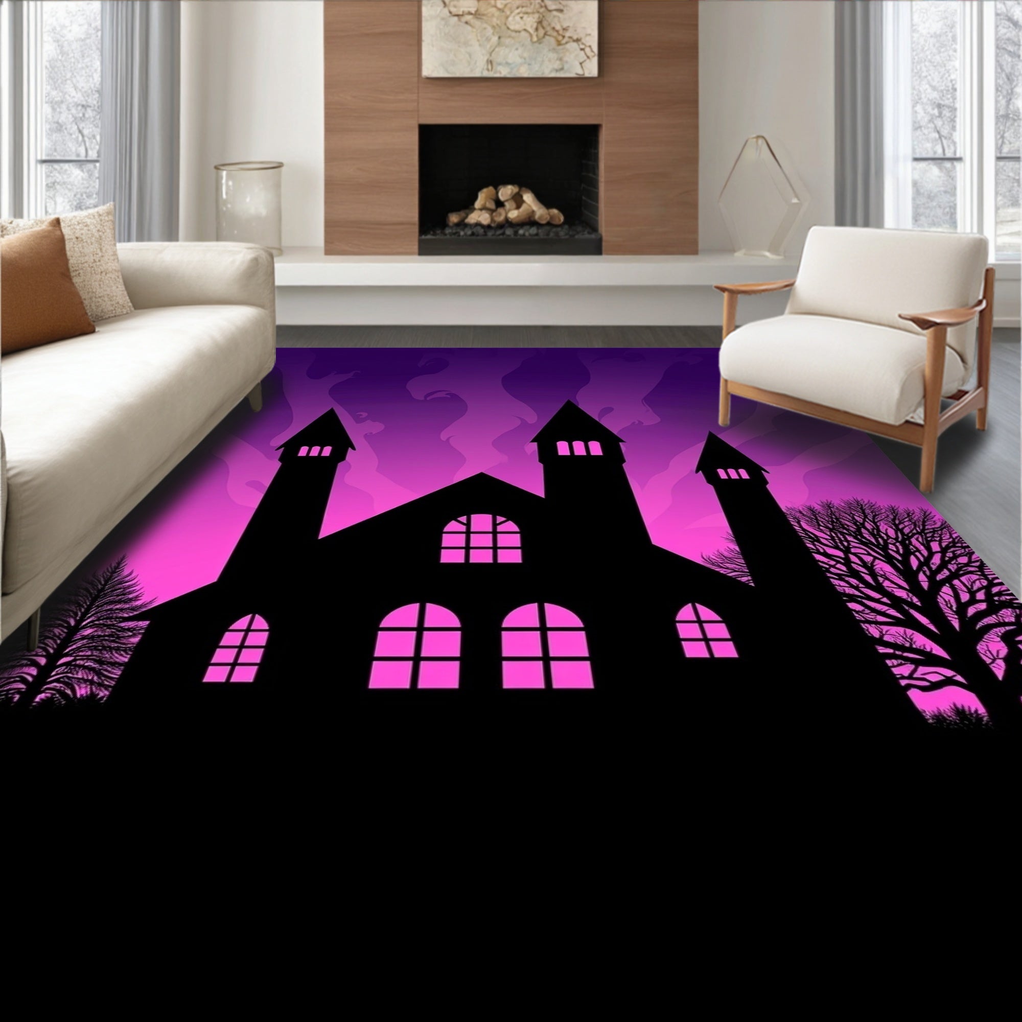 Gothic Castle Amethyst Sky Silhouette Rug