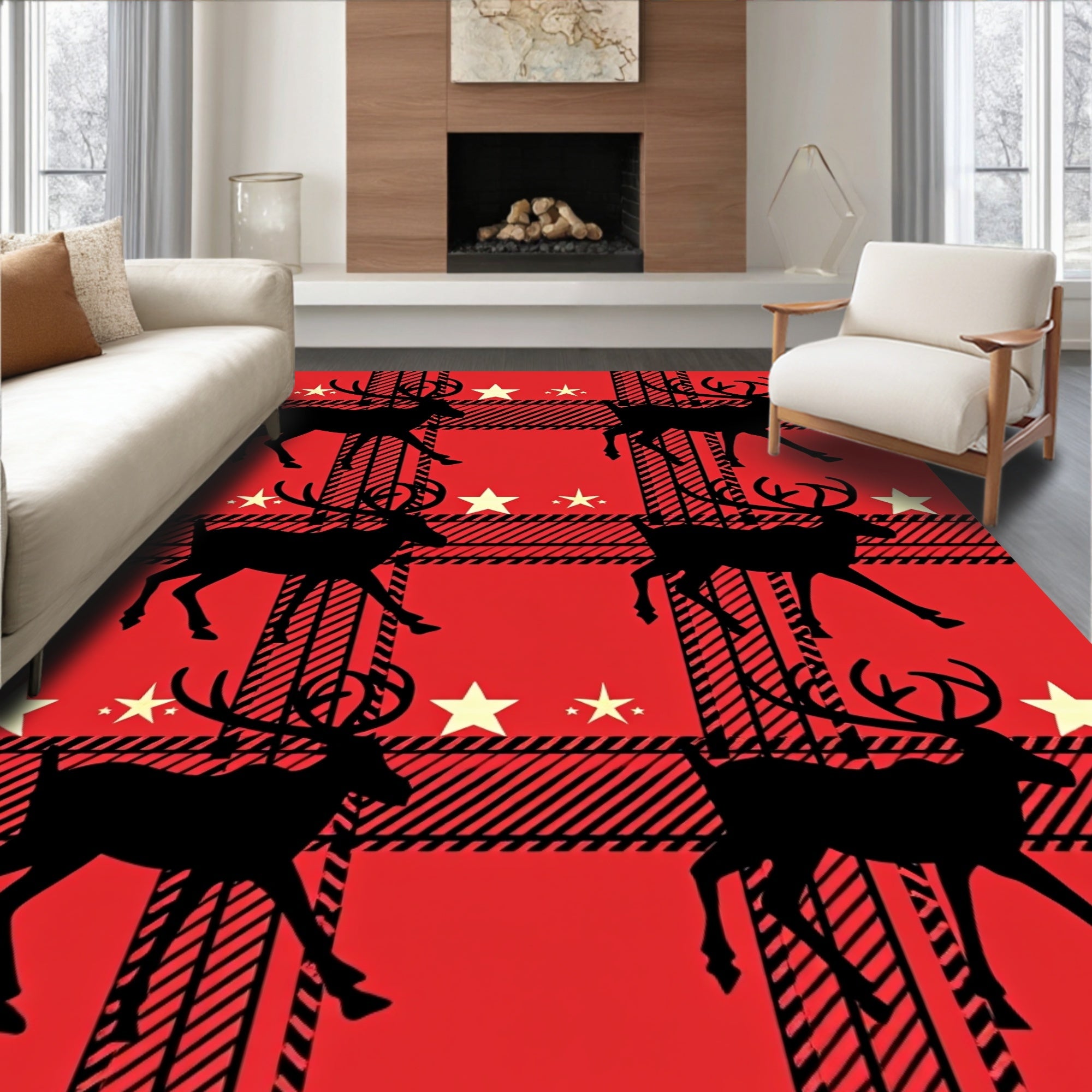 Red Buffalo Plaid Reindeer Stars Rug