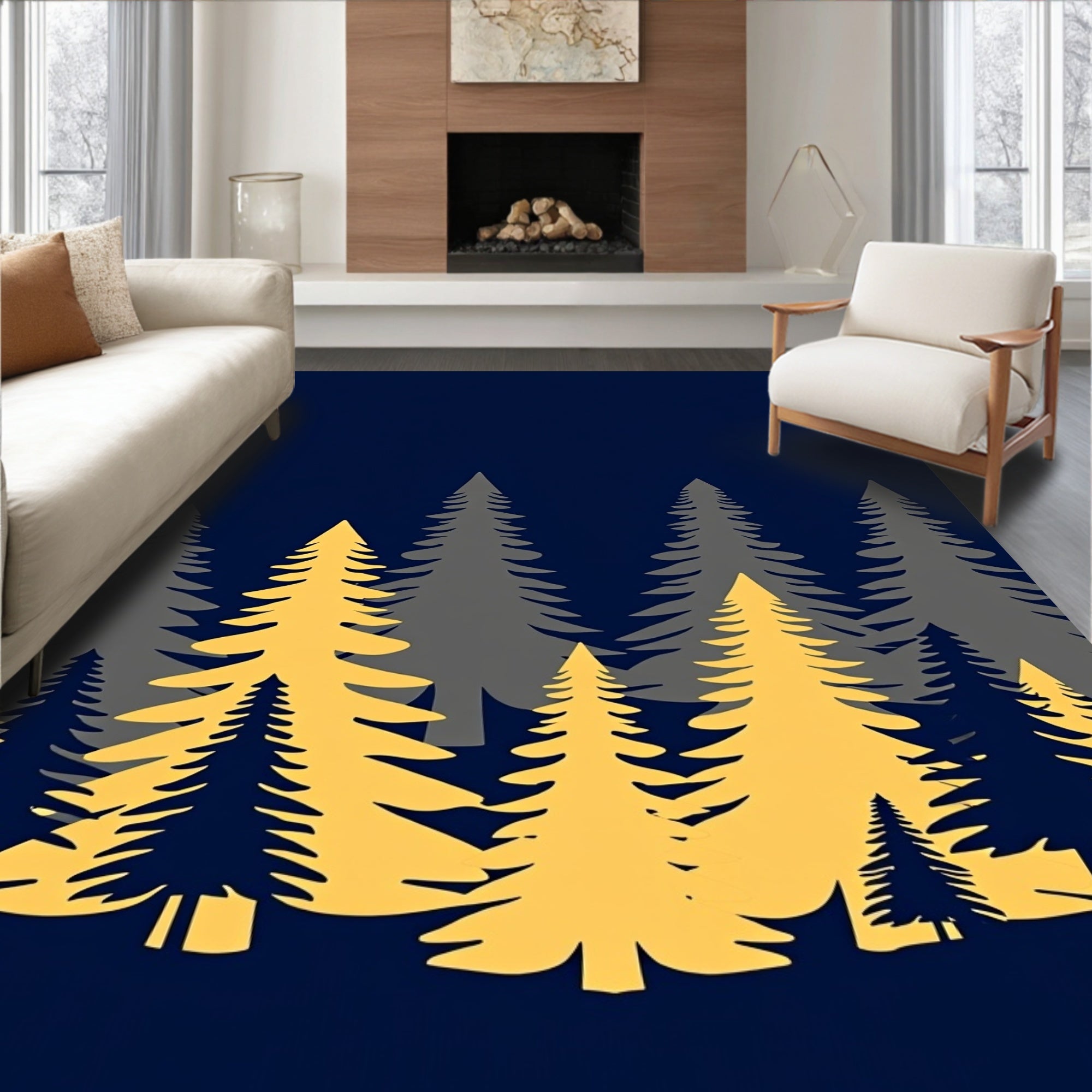 Golden Pine Forest Silhouette Rug