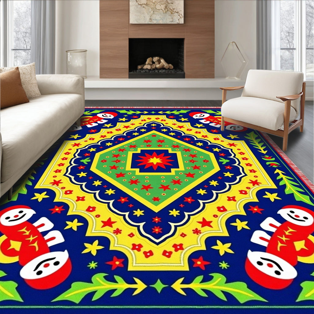 Bold Red Blue Folk Art Medallion Rug