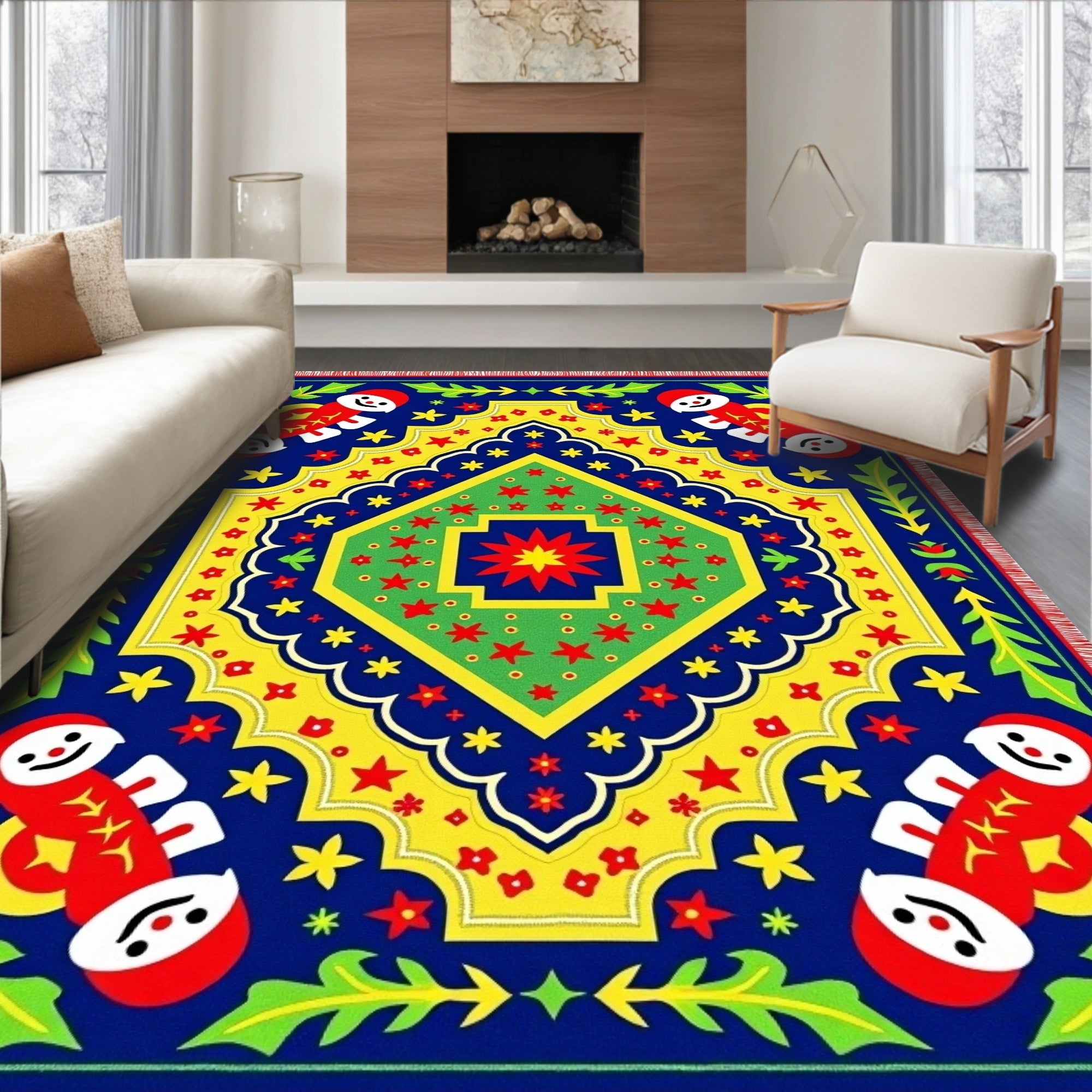 Bold Red Blue Folk Art Medallion Rug