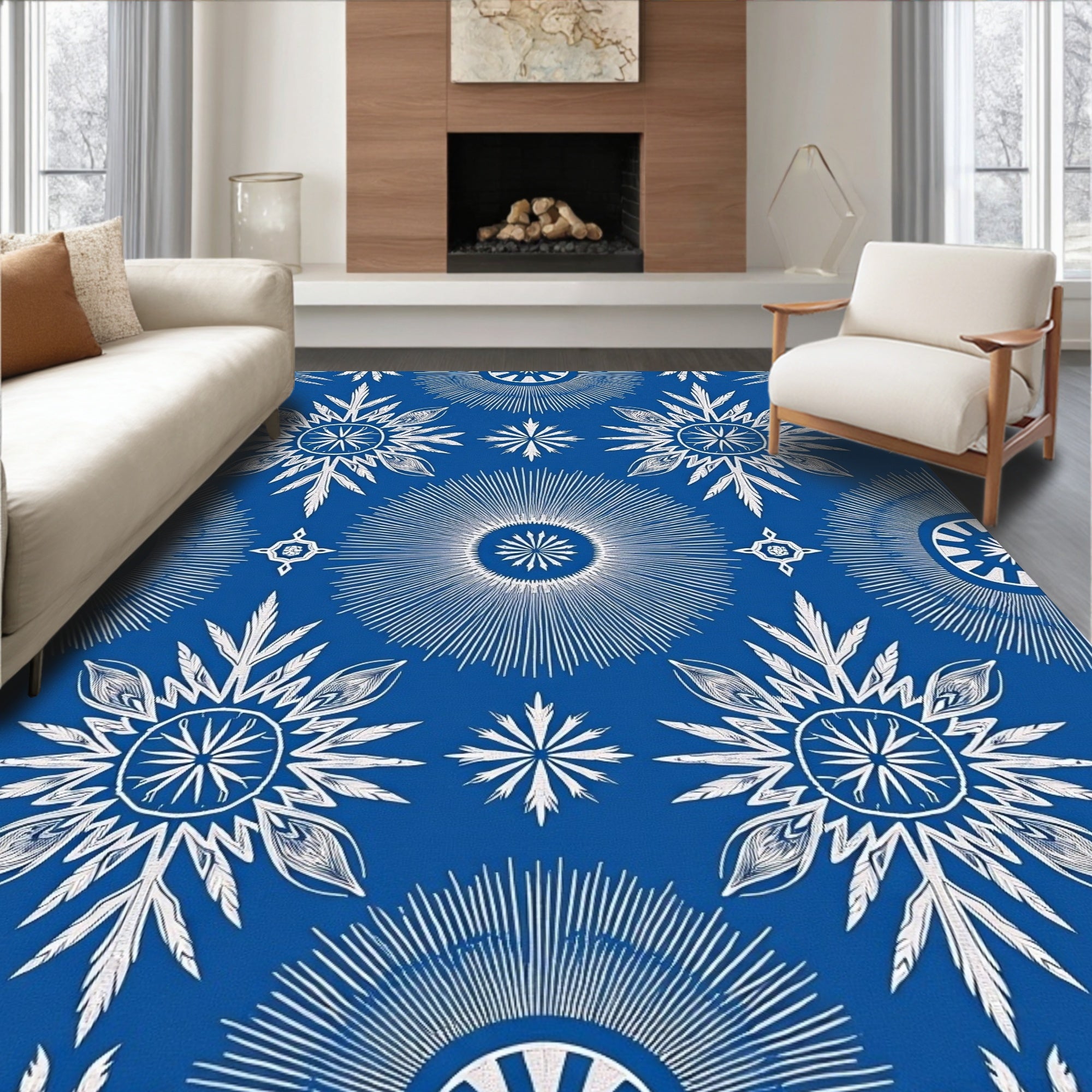 White Sunburst Mandala Blue Rug