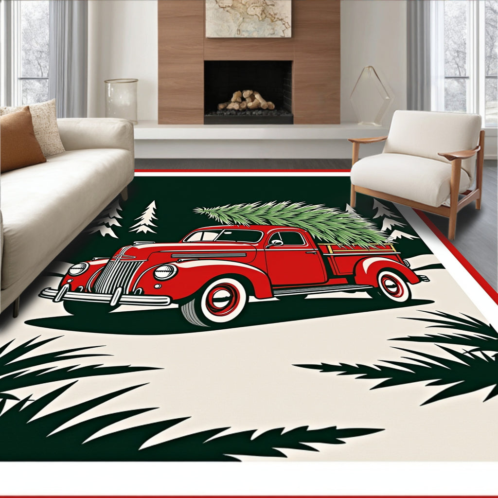 Vintage Red Truck Christmas Tree Mittens Rug