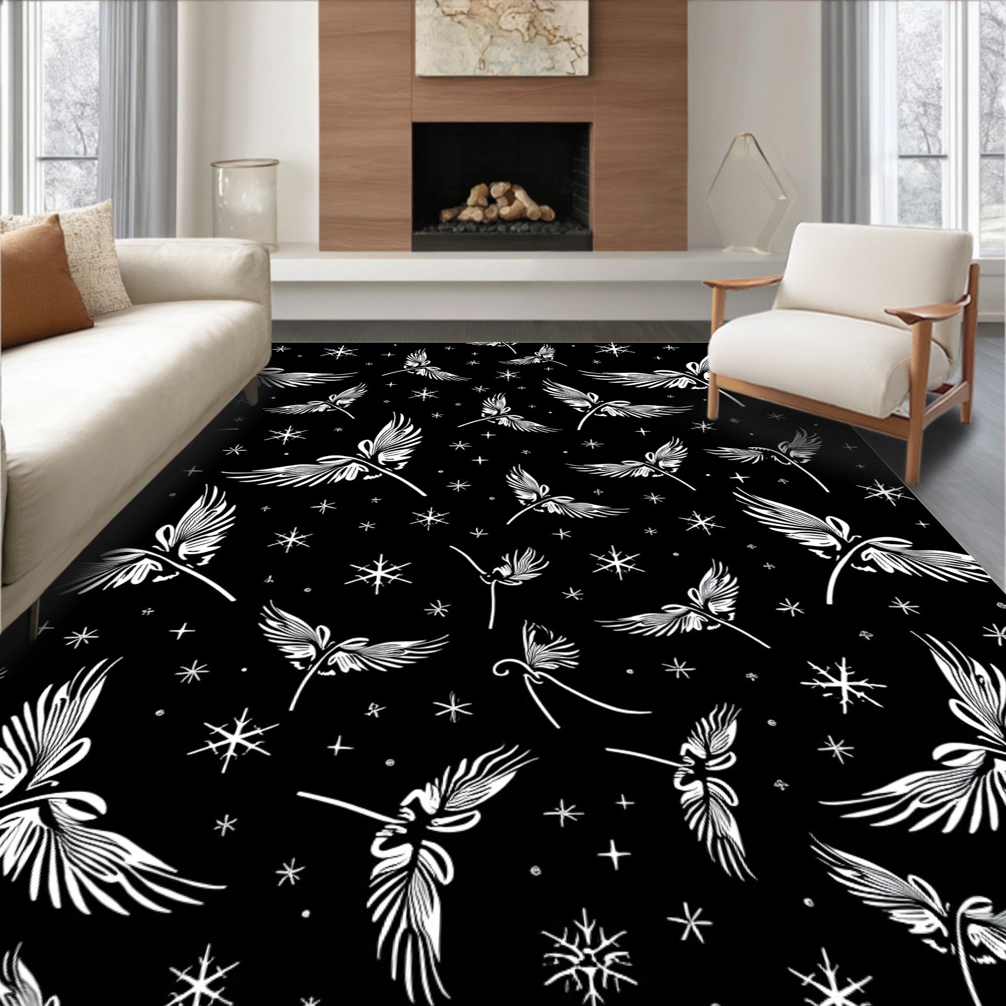 Whimsical White Winged Angel Snowflake Rug