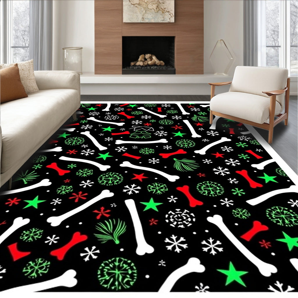 Festive Red Green Bone Snowflakes Repeat Rug