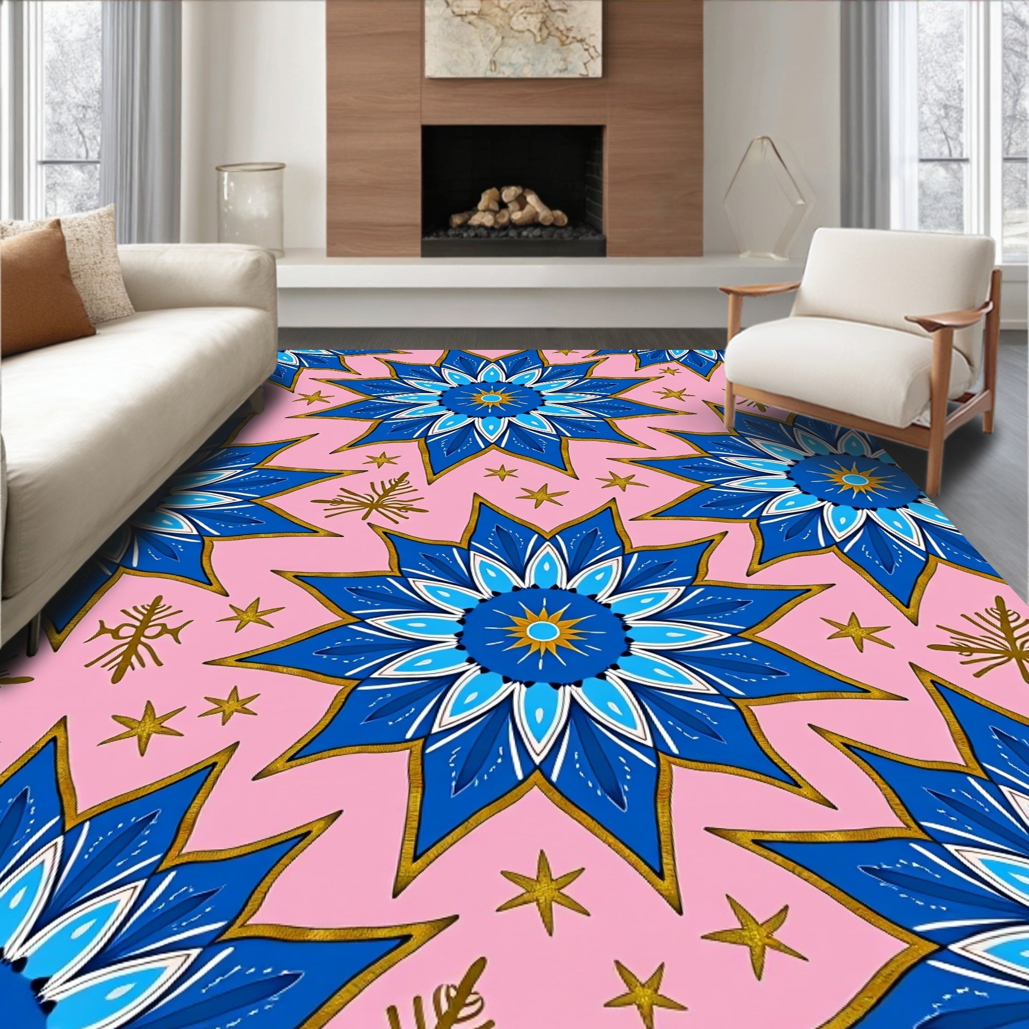 Pink Cobalt Starburst Floral Medallion Rug