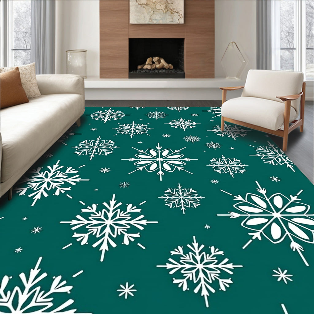 White Snowflake Teal Background Rug