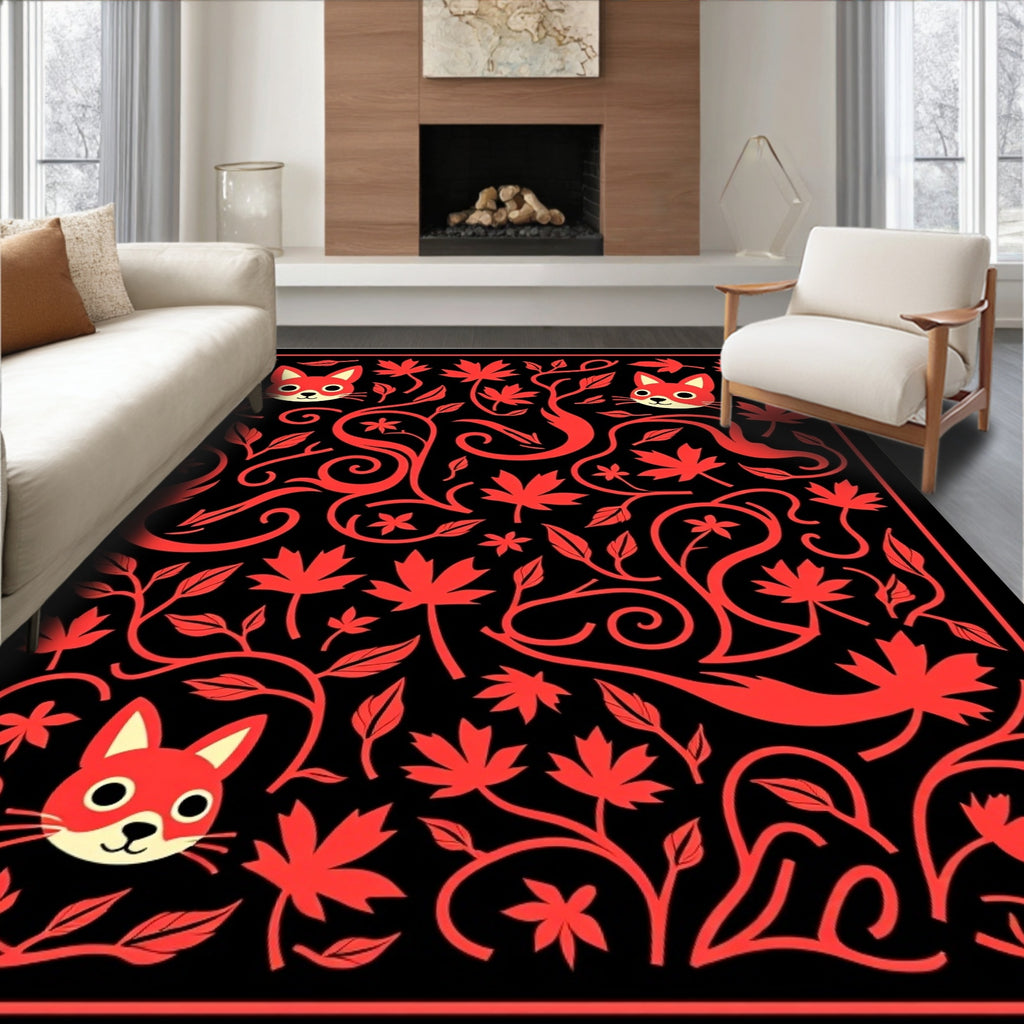 Playful Red Fox Maple Swirl Rug