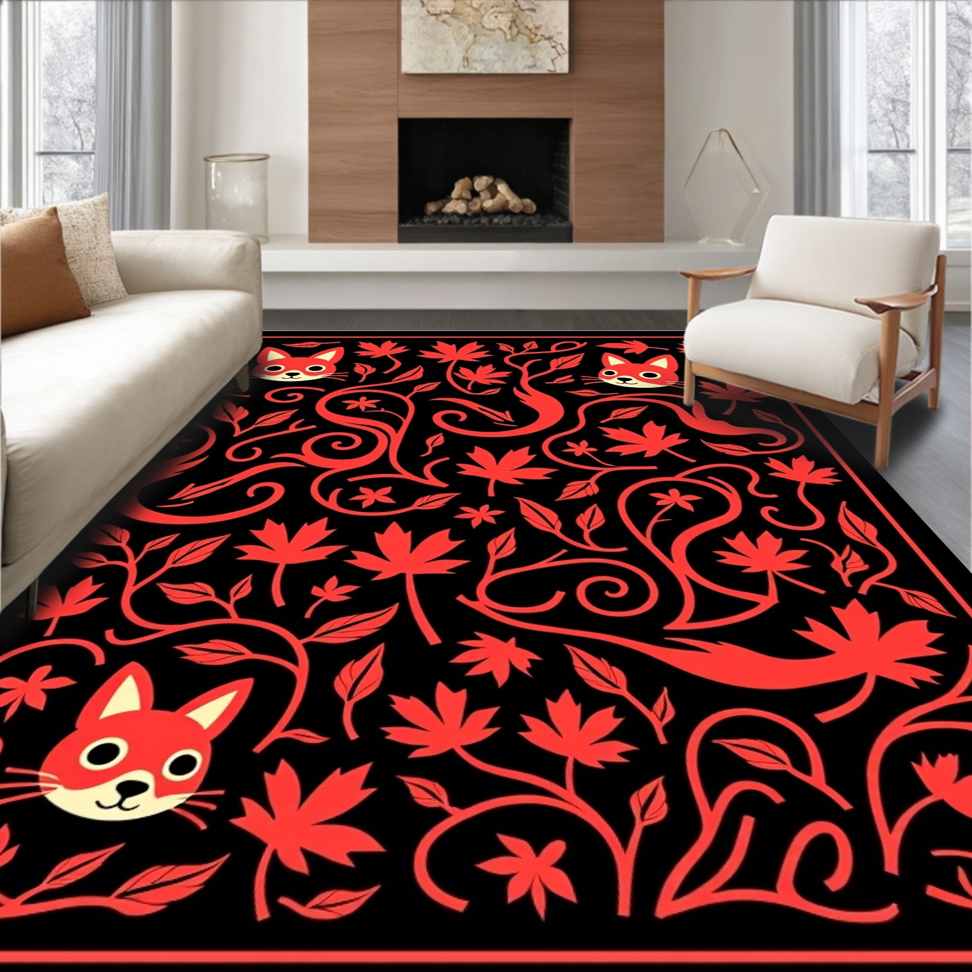 Playful Red Fox Maple Swirl Rug