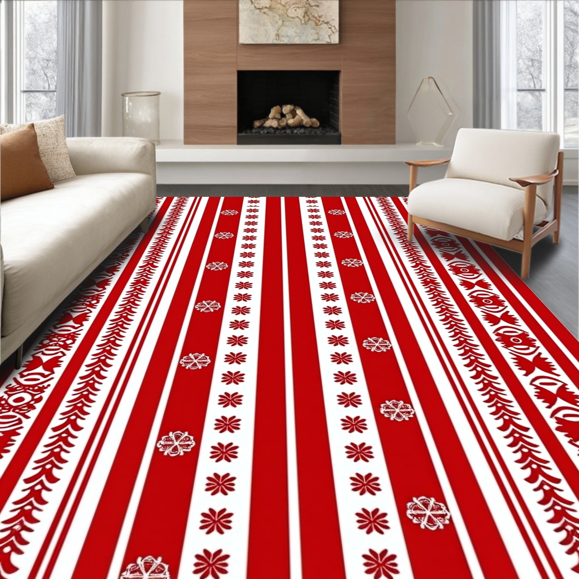 Red White Stripe Snowflake Border Rug