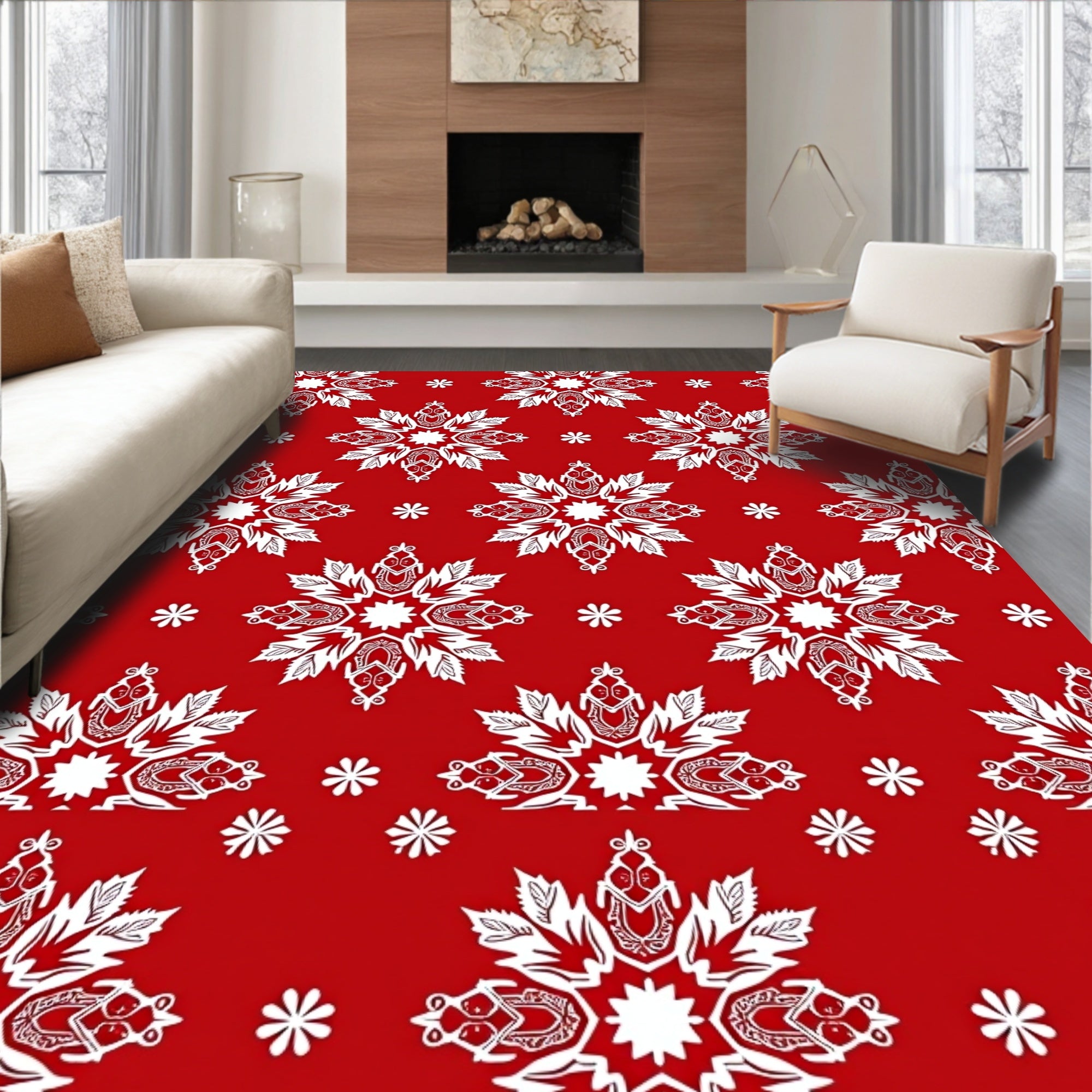 Bold Red White Snowflake Medallion Rug
